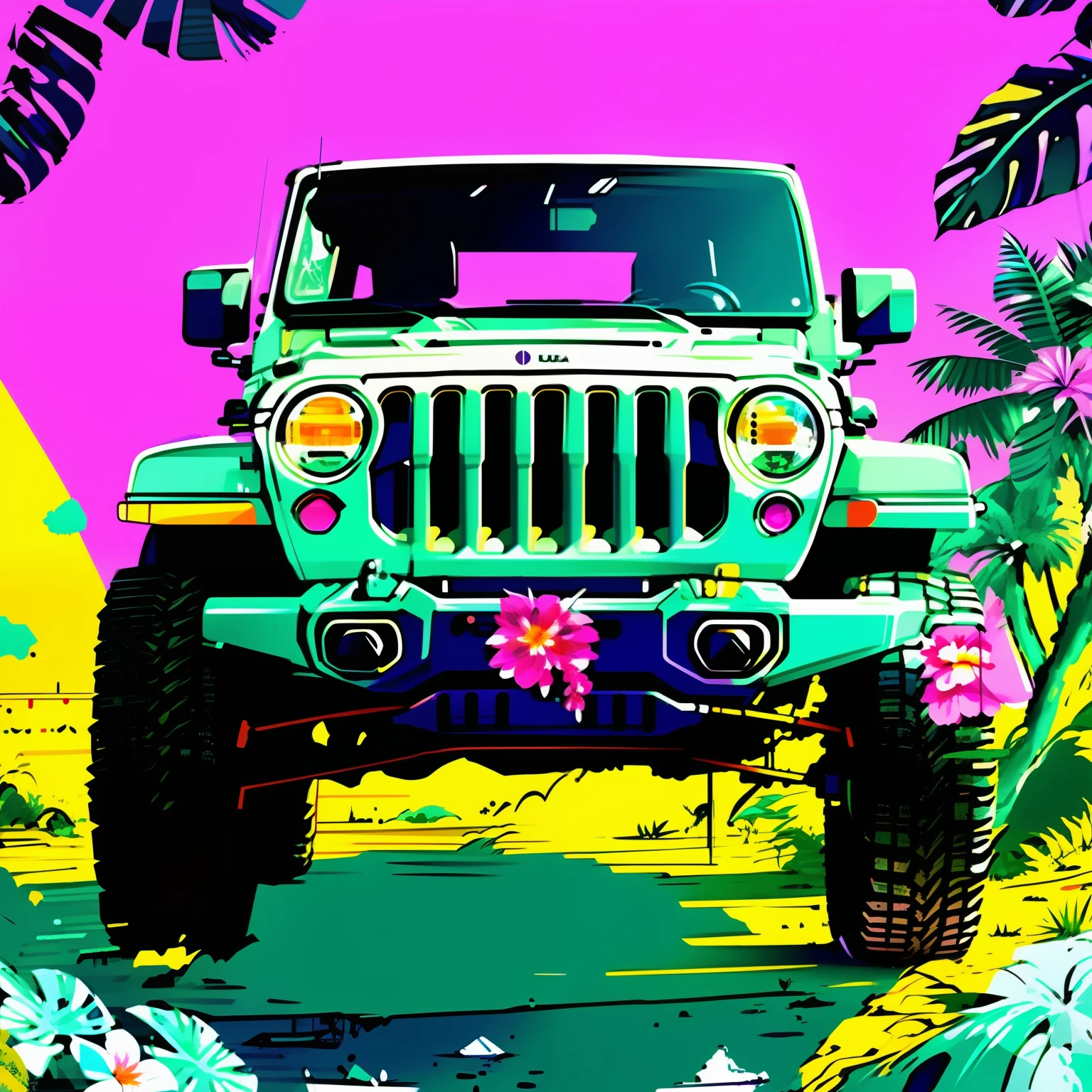 t-shirt print with illustration of a Wrangler jeep parked in front, wrapped in cute nature elements with tropical flowers and leaves, in abstract illustration style, fantastic illustration, 6 colors max, HD 4k, abstract design, ADVENTURE and OFF ROAD phrase, high contrast comic book style illustration, low color line drawing, grunge effects, B&W, car designed by Gucci::3, tumblr, inspired by Yanjun Cheng style, digital art, lofi girl internet meme, trending on dezeen, catalog photo, 3 d render beeple, rhads and lois van baarle, cartoon style illustration, bright pastel colors, a beautiful artwork illustration, retro anime girl --ar 2:3 --q 2