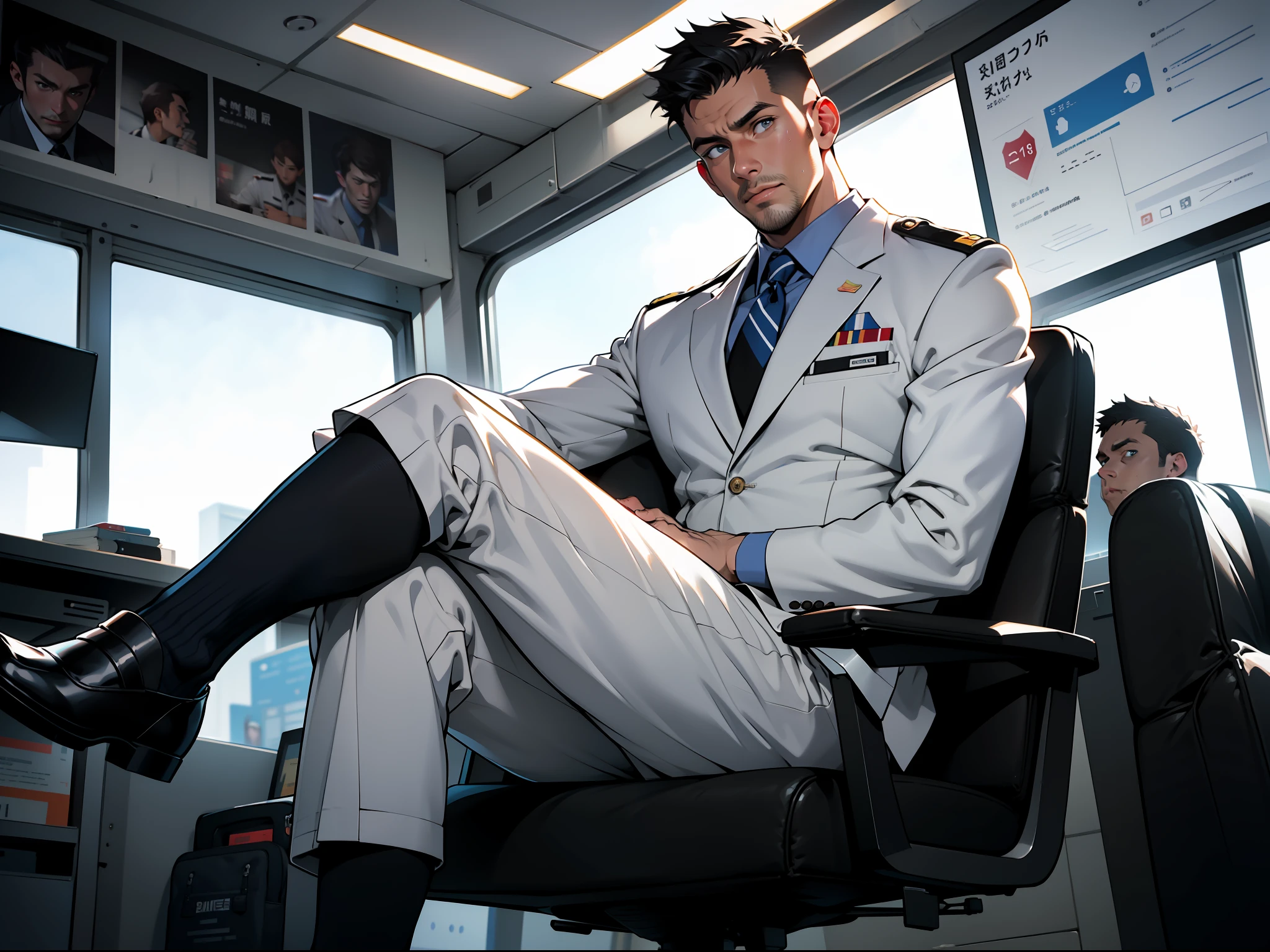 masterpiece, best quality, face, natural eyes, 1man, big feet, black socks, full body, (in suits), large bulge, long legs, looking at viewer, 30 years old, muscled and mature, pilot, pilot in uniform, short haircut, a pilot sitting on the desk with legs stretched, in the airport Office, blue eyes, flush, organism, face covered with white fluids, sweating, tight cloth, erecting
