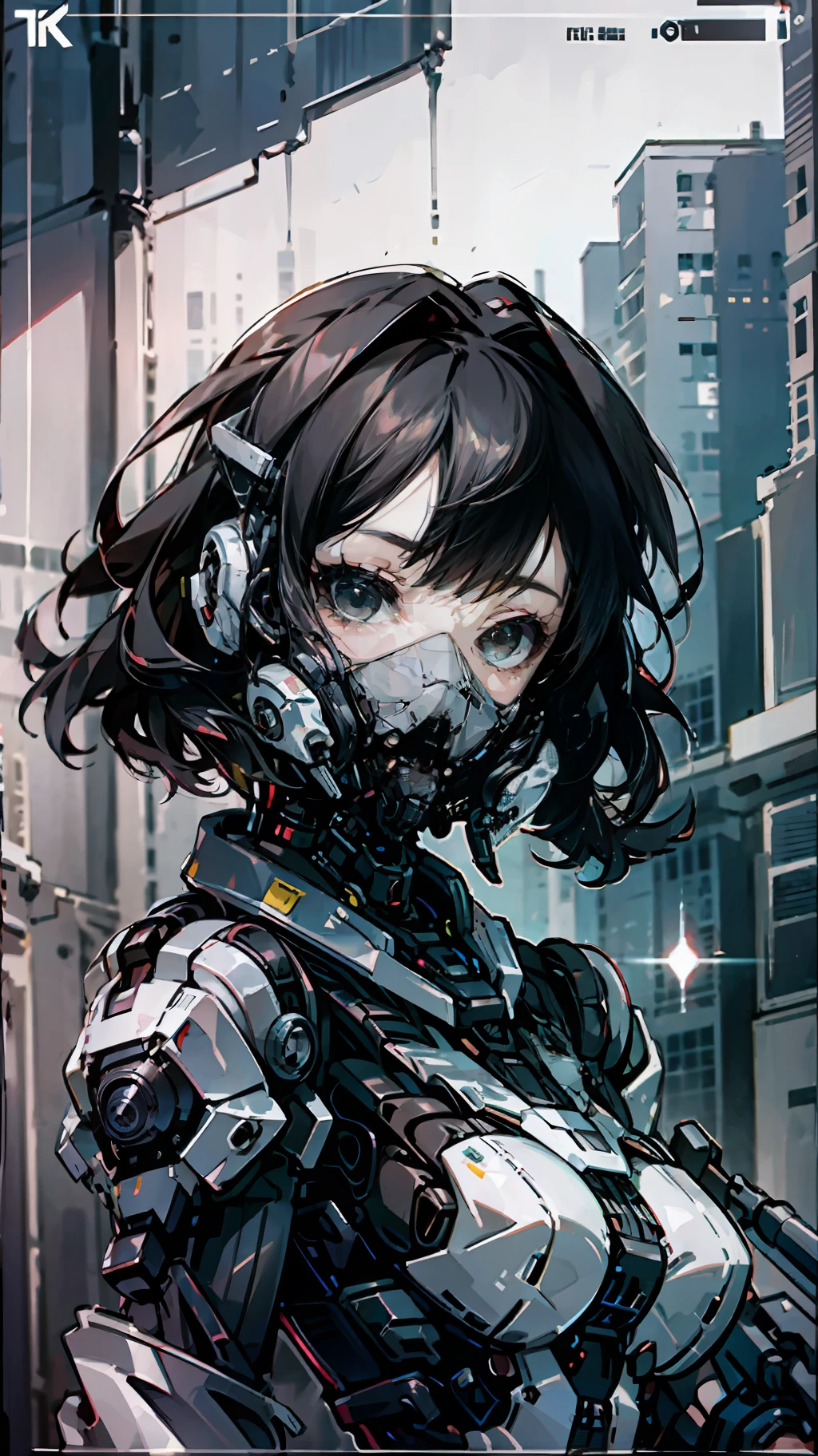 This is a CG Unity 8k wallpaper with ultra-detailed, high-resolution and top quality in cyberpunk style, dominated by black and red. In the picture, a beautiful girl with white messy short hair, a delicate face, wearing a steam mecha mask, standing on the ruins, behind her is a huge robot, and the action of a woman holding a heavy sniper rifle in her hand,