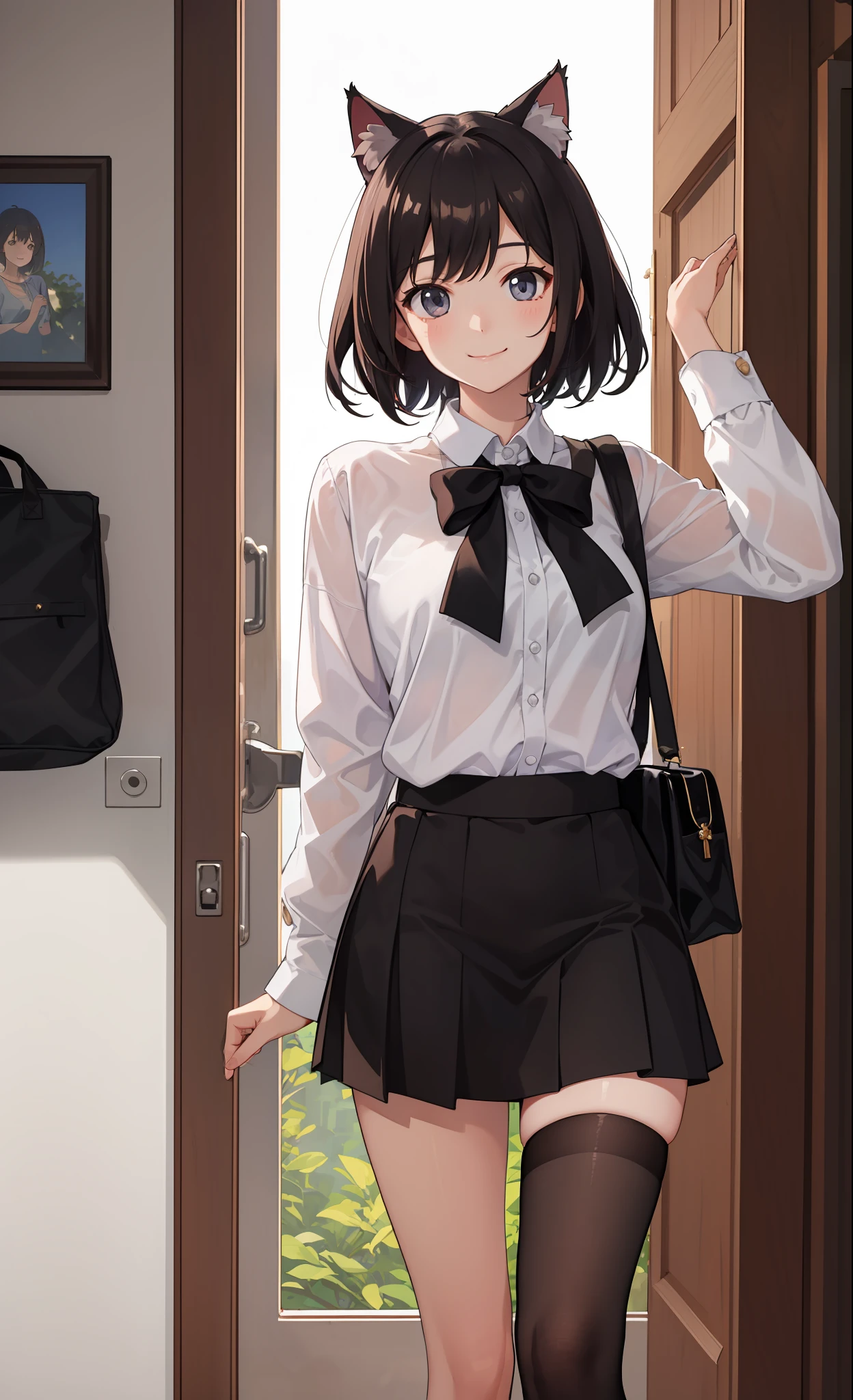 1girl in、A smile、The shirt、Blouse、skirt by the、（small tits）Chilarism、movement、greyt hair、cat ear、