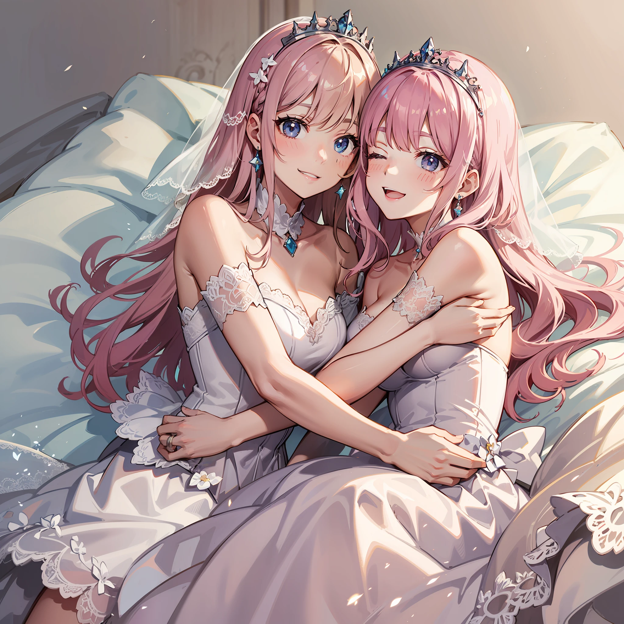 light pink colored hair，Kizi，White wedding dress，Princess bed，Hug the brunette boy，Happy smile