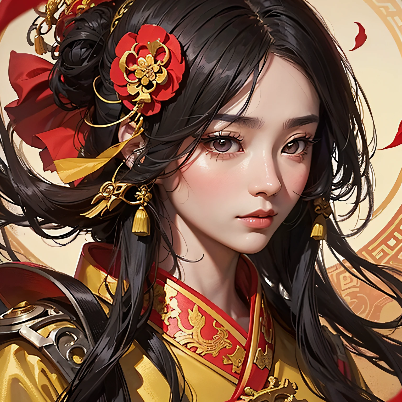 Ancient Chinese handsome man, front close-up, face close-up, long black hair, wearing ancient Chinese yellow clothes, there are patterns on the clothes, red petals flying in the air, the background is ancient Chinese ornate palace, delicate features, detail painting, fantasy art, animation aesthetics, HD 8k -- ar 16:9 -- niji 5 --auto