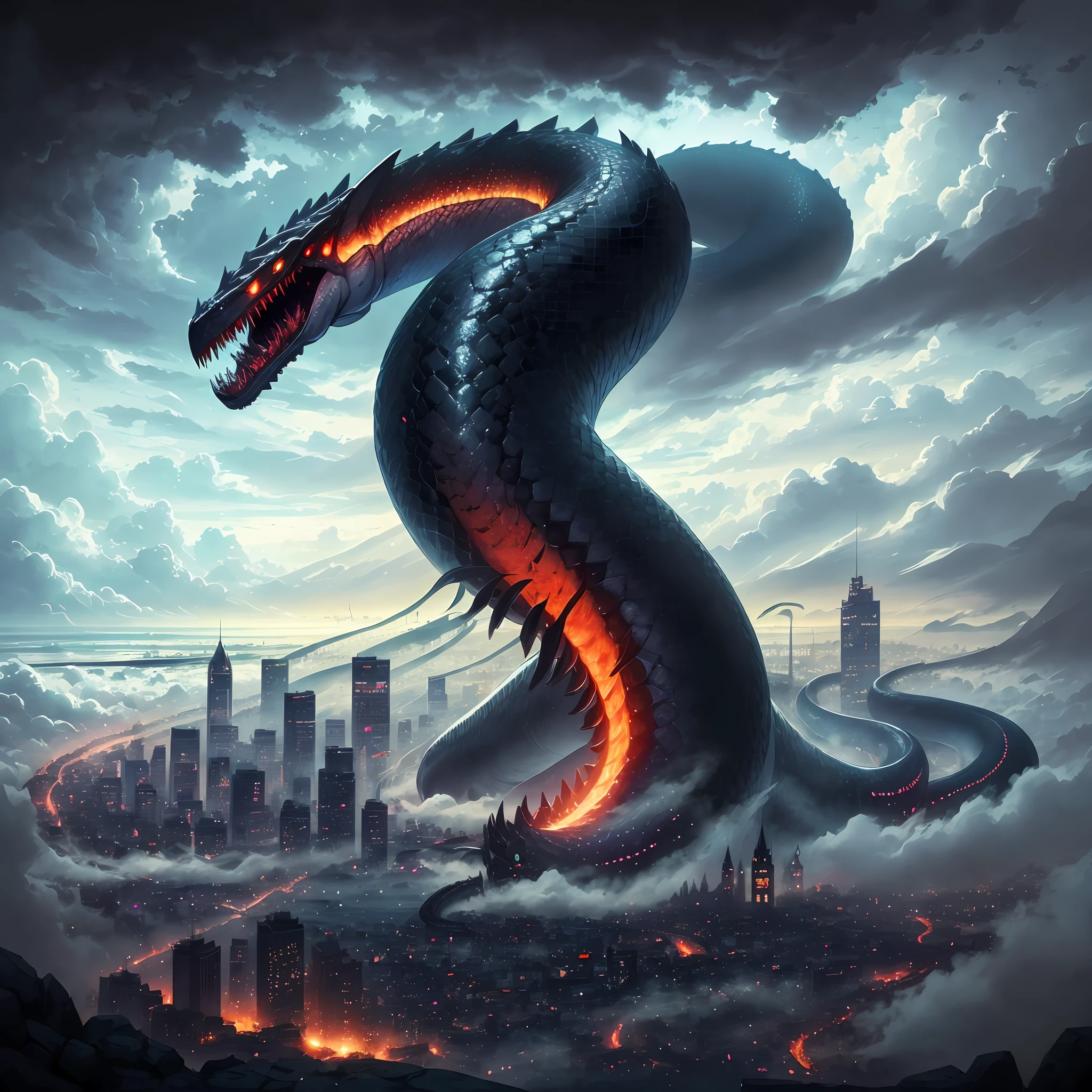 (tmasterpiece,top Quority,best qualtiy,offcial art,)A single black giant long snake,scutes,mouth opening,fang,Many teeth,Straight teeth,Entwining the city,in a panoramic view,Cloud fog,dream magical,Overlooking, --auto