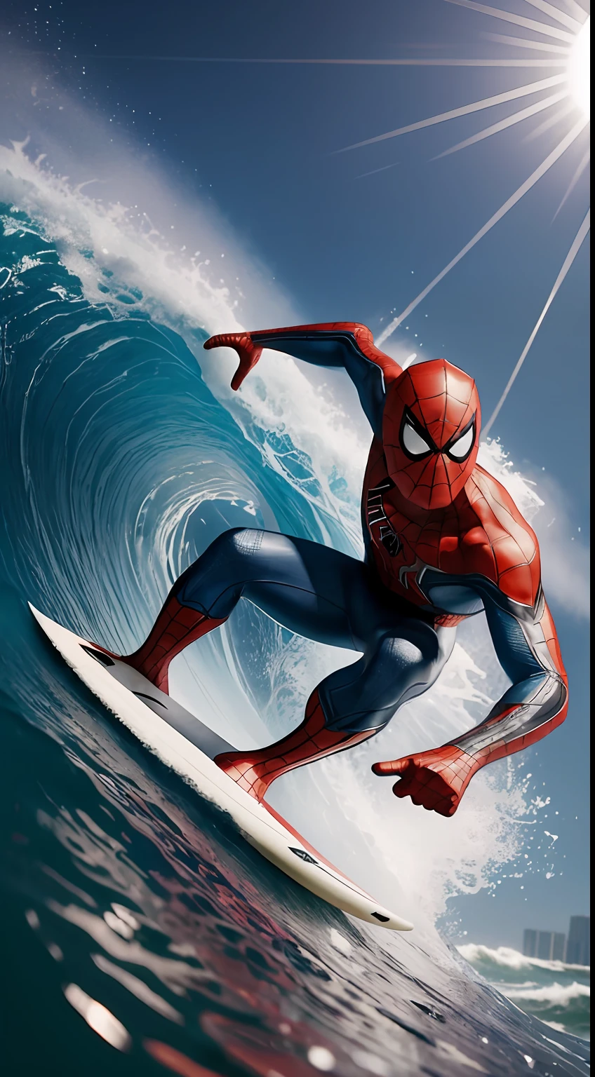 surfing spiderman in big wave, octane render, unreal engine, highly detailed, intricate