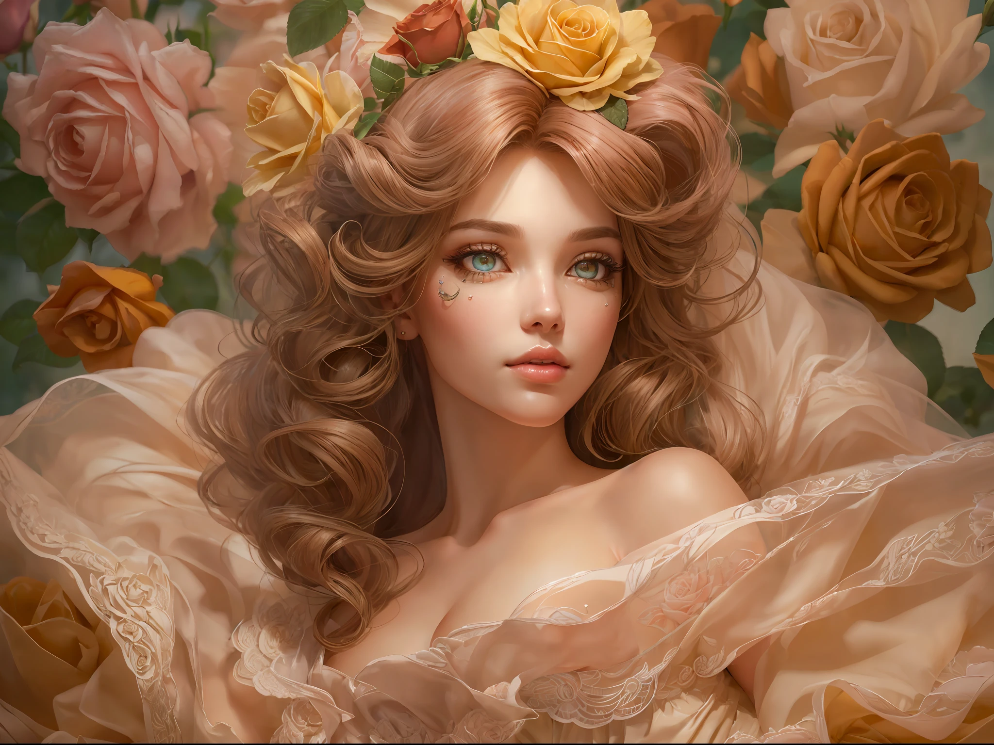 This artwork is in the style of realistic fantasy set in the castle's rose garden. Generate a woman with a beautiful detailed face dressed in the billowing folds of a stunning yellow French silk ballgown. The gown features ruffles, sashes, and bows, and its bodice is delicately but intricately hand-embroidered. The woman's sweet face is ((((highly detailed, with realistic features and soft, puffy lips.)))) Her stunning eyes are beautifully detailed, featuring realistic shading and multiple colors. She is touching a timeless rose just as beautiful today as it was the day it first bloomed thousands of years in the past. The eternal rose is a deep shade of red with shimmering pink overtones and undertones. Ensure that the woman's face, hair, and eyes are perfect. realism, high fantasy, whimsical fantasy, storybook fantasy, fairytale fantasy, fantasy details, enchanting, bewitching, 8k, hires, cgi, digital painting, unity, unreal engine,  (((masterpiece))), intricate, elegant, highly detailed, majestic, digital photography, art by artgerm and ruan jia and greg rutkowski, (masterpiece, finely detailed beautiful eyes: 1.2), hdr, realistic skin texture, (((1woman))), (((solo))), Include a highly detailed face, extremely detailed face, and interesting background.