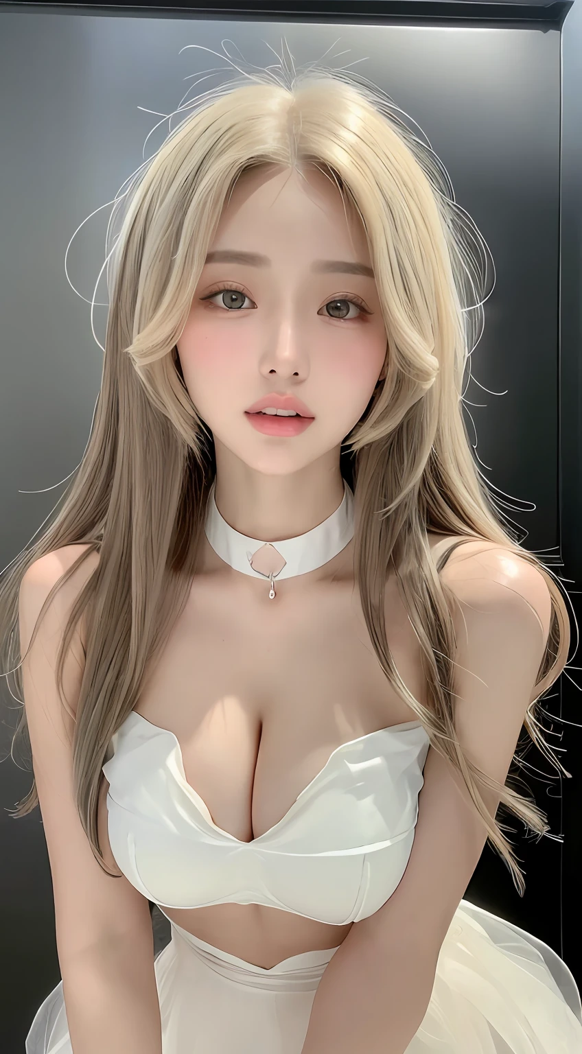 perfect figure beautiful woman：1.4，Layered Hair Style，Protruding cleavage：1.2，White transparent bandeau：1.5，Highly Detailed Face and Skin Textur，二重まぶた，Whiten the skin，long whitr hair，Collar