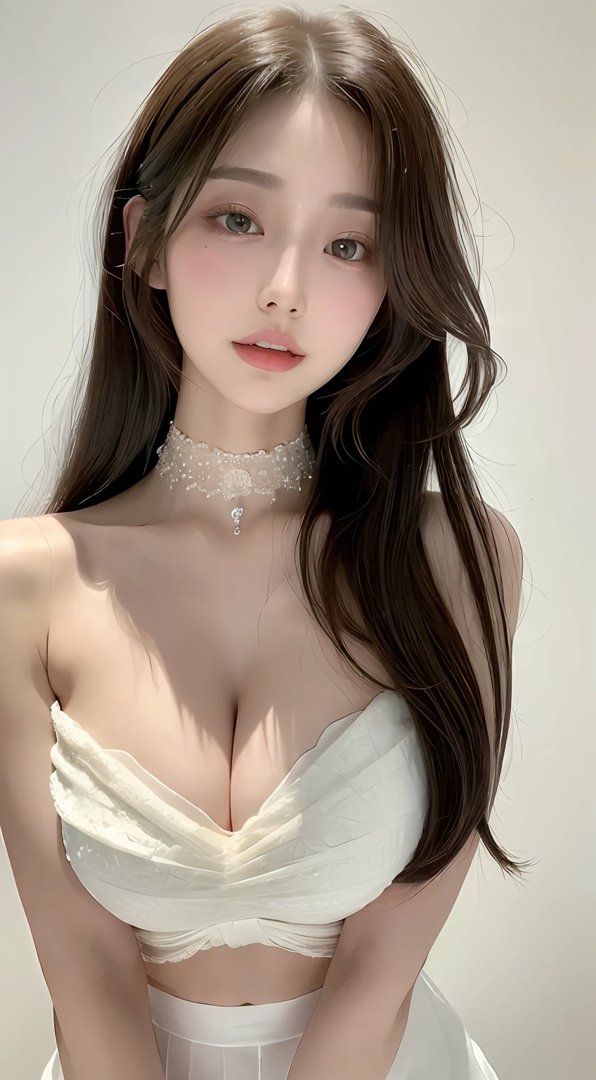 perfect figure beautiful woman:1.4,Layered Hair Style,Protruding cleavage:1.2,White transparent bandeau:1.5,Highly Detailed Face and Skin Textur,二重まぶた,Whiten the skin,long whitr hair,Collar