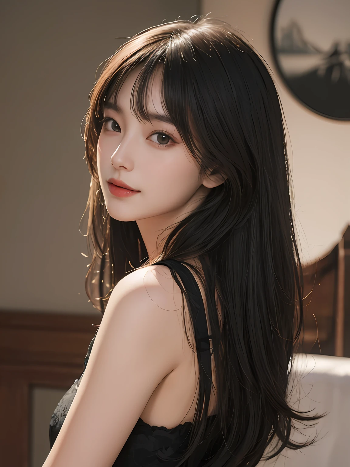Masterpiece, best picture quality, high quality, beautiful woman, Japanese, popular Korean makeup, detailed, swollen eyes, detailed eyes, detailed skin, beautiful skin, ultra high resolution, (reality: 1.4),very beautiful, slightly younger face, beautiful skin, slender, (ultra realistic), (illustration), (high resolution), (8K), (very detailed) (best illustration), (beautifully detailed eyes), (super detailed), (wallpaper), (detailed face), looking at viewer, fine details, detailed face, pureerosfaceace_v1, smiling, looking straight ahead, looking straight ahead, angle from waist up, realistic photo, bright lighting, professional lighting, black hair (some of hair part green), long hair, dark ruins, big red moon, gorgeous red and black dress, mature woman, long stylish bangs,