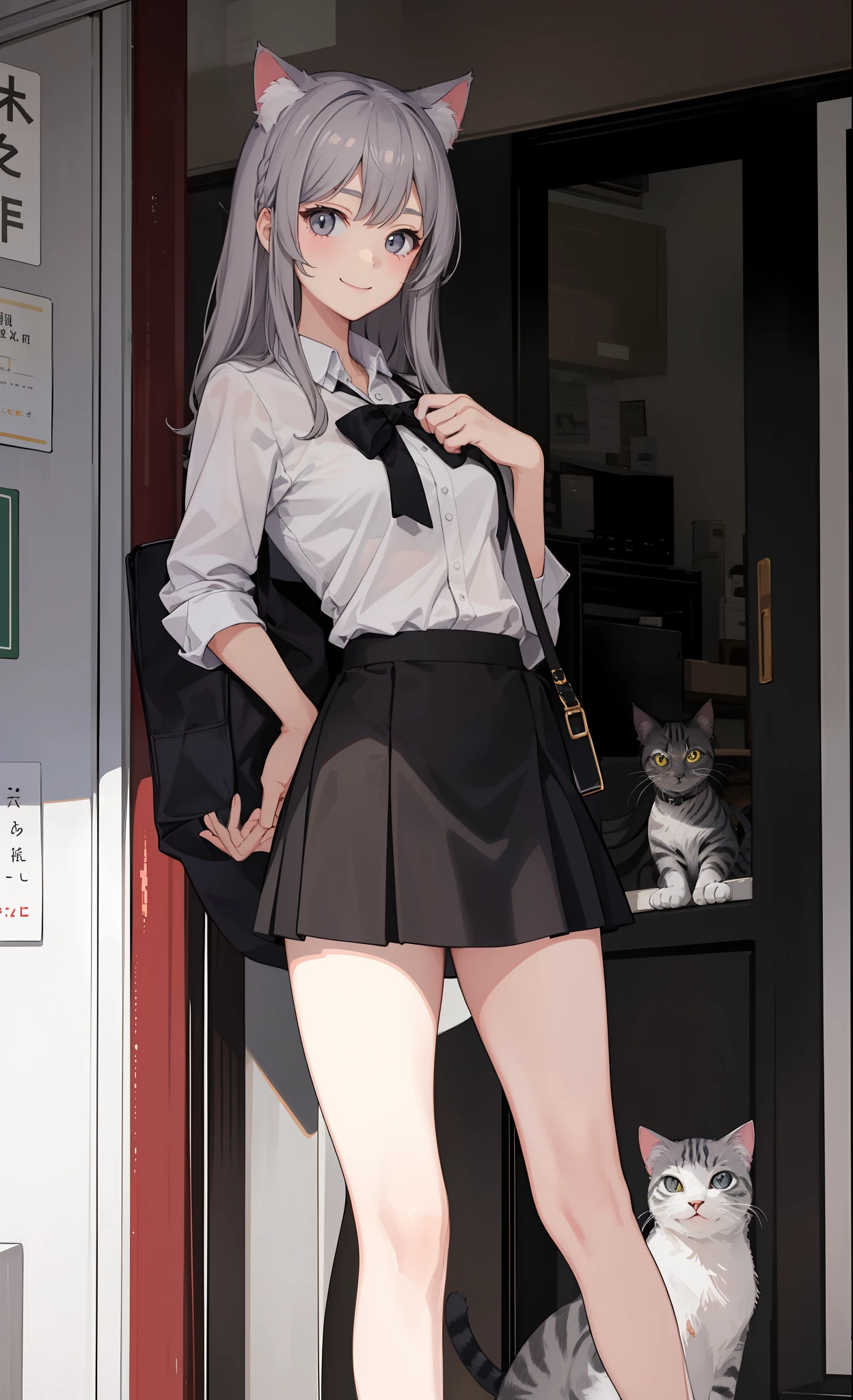 1girl in、A smile、The shirt、Blouse、skirt by the、（small tits）Chilarism、movement、（Gray hair）、Cat's ears、