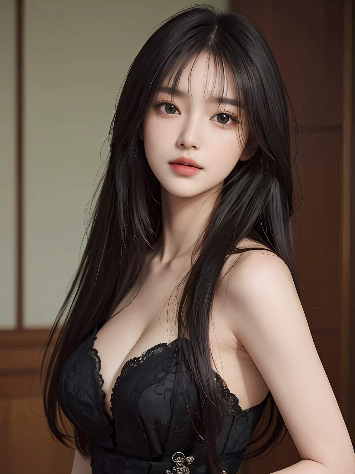 Masterpiece, best picture quality, high quality, beautiful woman, Japanese, popular Korean makeup, detailed, swollen eyes, detailed eyes, detailed skin, beautiful skin, ultra high resolution, (reality: 1.4),very beautiful, slightly younger face, beautiful skin, slender, (ultra realistic), (illustration), (high resolution), (8K), (very detailed) (best illustration), (beautifully detailed eyes), (super detailed), (wallpaper), (detailed face), looking at viewer, fine details, detailed face, pureerosfaceace_v1, smiling, looking straight ahead, looking straight ahead, angle from waist up, realistic photo, bright lighting, professional lighting, black hair (some of hair part green), long hair, dark ruins, big red moon, gorgeous red and black dress, mature woman, long stylish bangs,