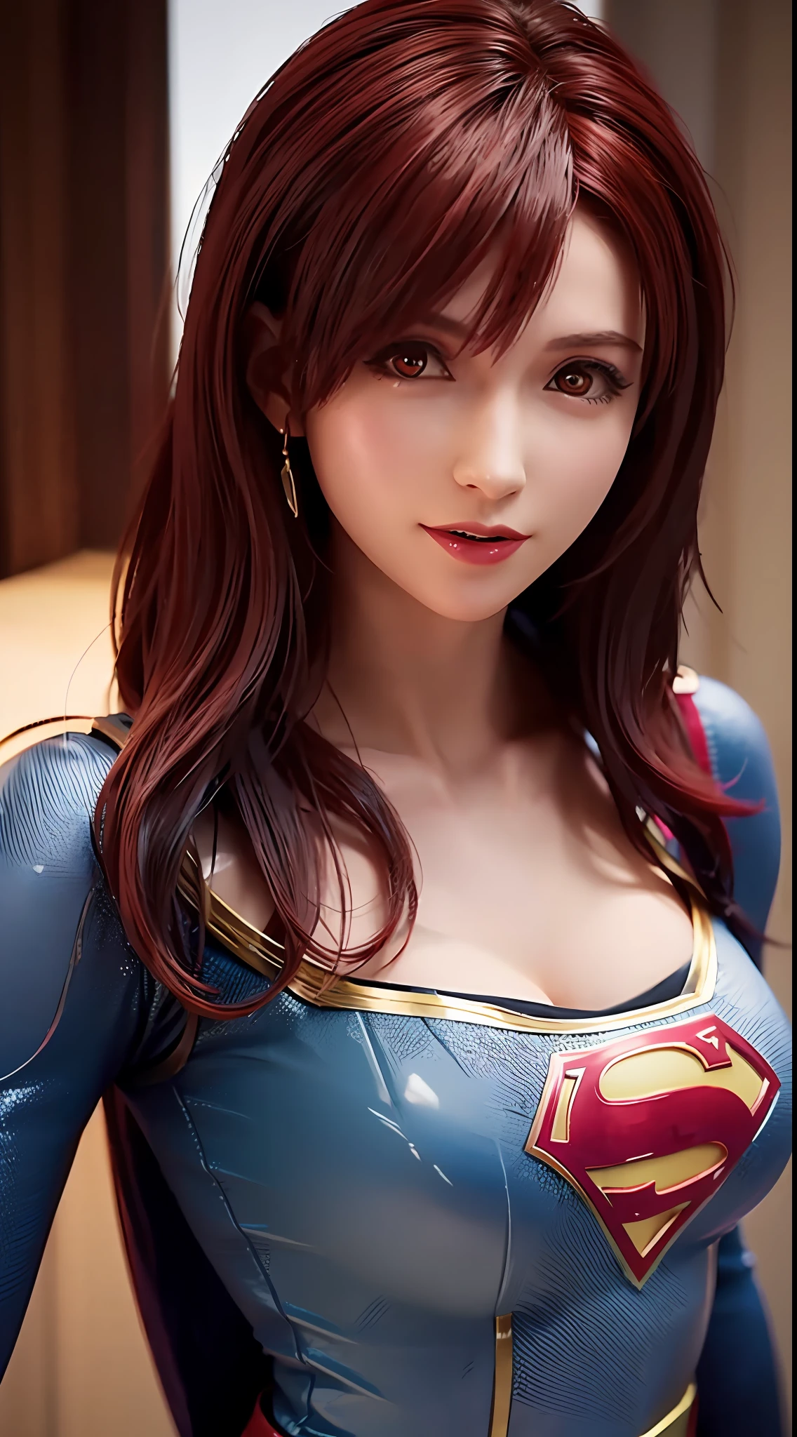 8K,超高分辨率,1girll, Solo ,She's Supergirl,Woman body set big breasts,Supergirl costume dress,red tinted hair,