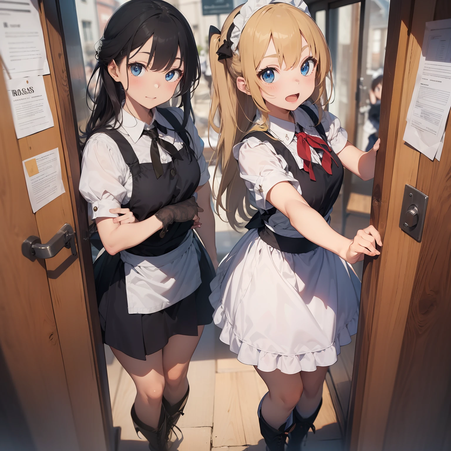 (superfine illustration:1.2),(masutepiece, 8K), (Best Quality, High quality:1.4), portlate、((Super Pastel)),Perfect Anatomy, Hyper Detailed, ultra-detailliert,masterpiece background,beautiful detailed background, V8K Wallpapers,perfect design, 1girl in, Solo, (Outstretched arms,slender,  Very short sleeves,a blond,maid, I'm surprised、door, From  above, Cowboy Shot:1.2), (lightsmile, Open mouth, 17 years old, a blond, Long hair,put out one's forehead、Forehead、(Lack of hair between the eyebrows and forehead),  Blue eyes, Blue eyes, Black blouse, Short sleeves, maid apronl, white maid apron, long black trousers, Long pants, long boots, Slender girl), Entrance to a coffee shop in the fantasy world of medieval Europe,