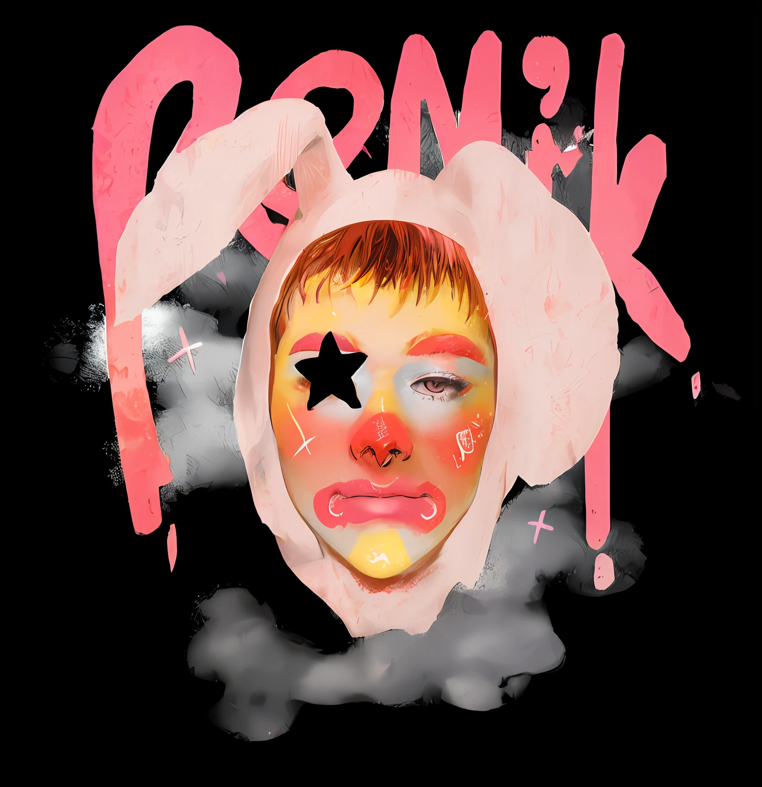 There is a photo of a person with paint on his face, phonk album cover, Inspired by Dom Qwek, fake smile, dreampunk romanticism artwork, promo art, cosmic bjork, pop punk art style, author：Henrik Trenk, pink face, bunnypunk, author：Paulo Resica, author：Paul Dilmekis, Pink skin，8K分辨率