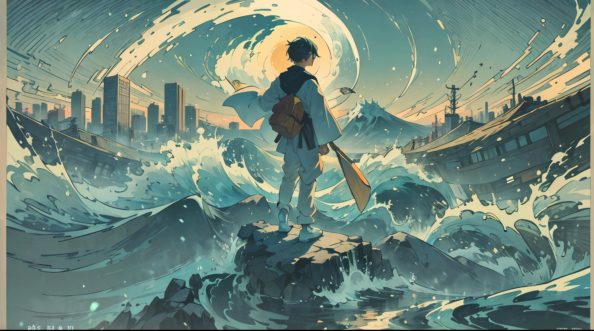 (masterpiece), (best quality), (ultra-detailed),A boy stands on the tsunami, stepping on a bamboo under his feet, looking at the city in the distance --auto --s2
