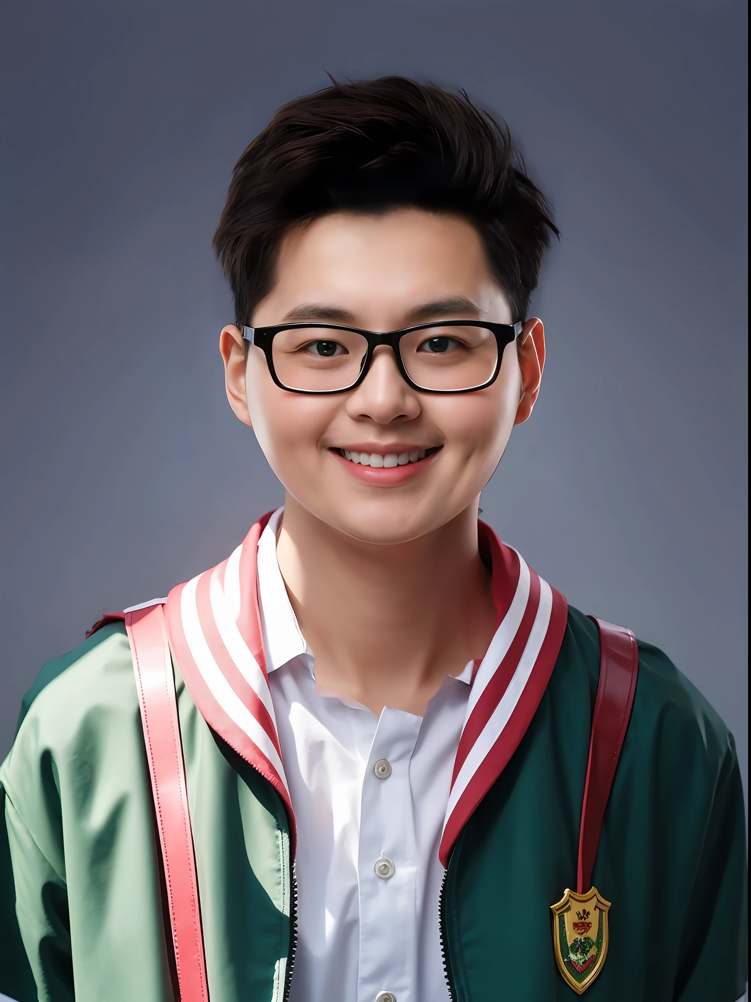 A 16-year-old male student，Wearing PVC green school uniform
