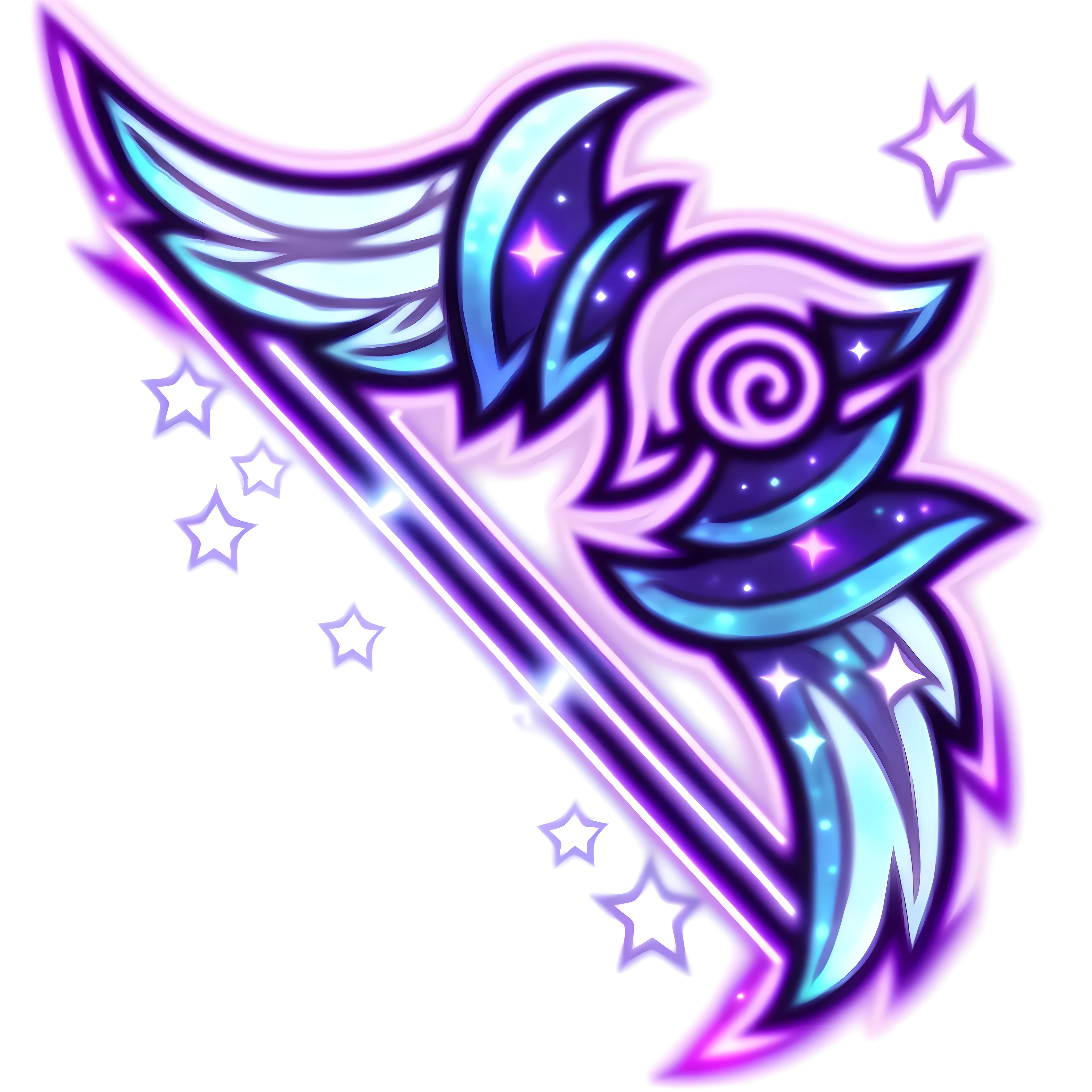 Close-up of a colorful winged sword，There are stars on it, star guardian inspired, astral fairy, magical fishing rod weapon, magic staff, holographic blade!, wizard magic staff, shop window for magical weapons, magical sword, magical longbow, fantasy weapon, fantasy game spell symbol, style of ghost blade, brandishing cosmic weapon, star guardians, astral witch clothes
