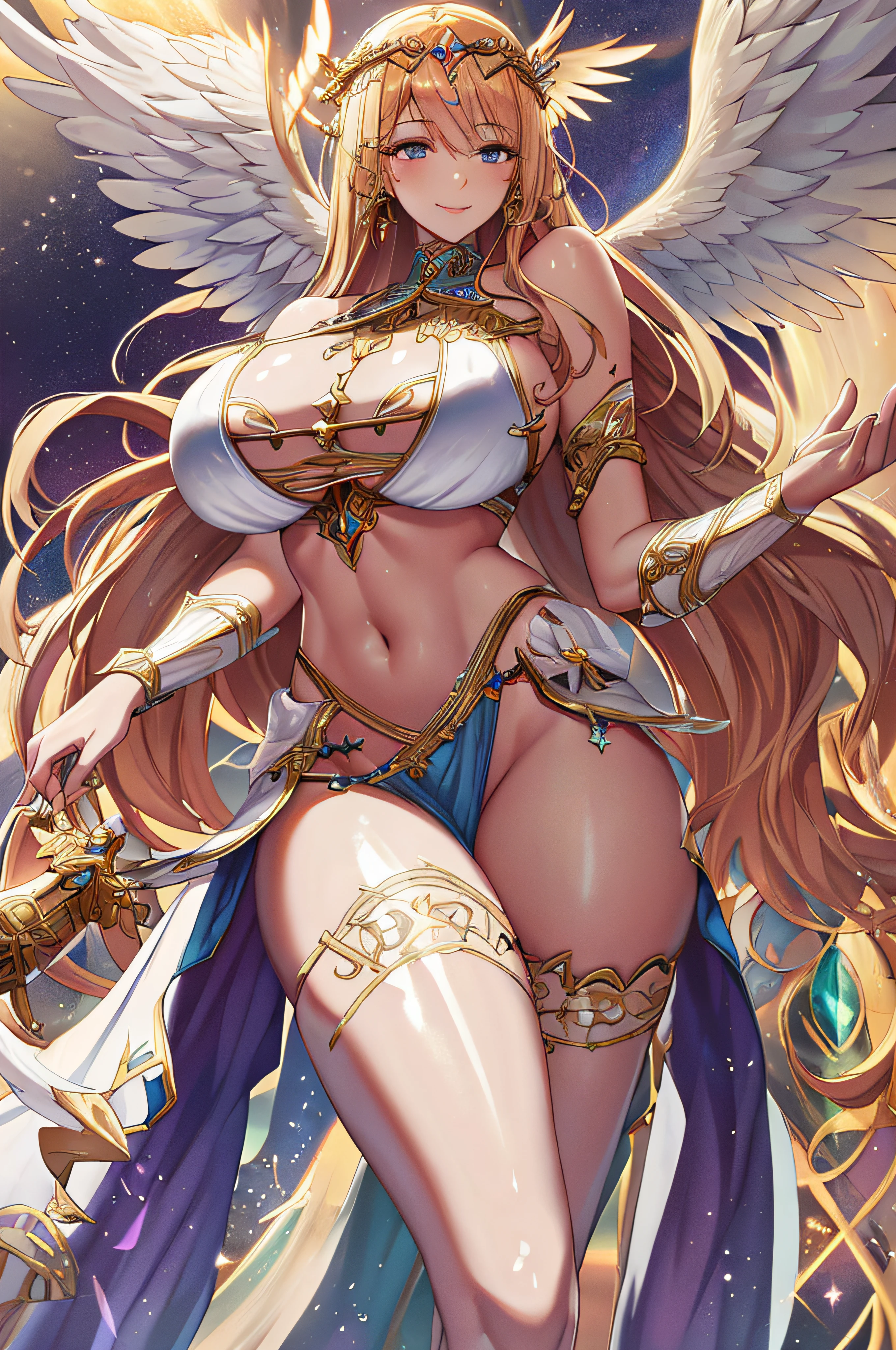 priestess,valkyrie,angel wings,navel,sideboob,complex,light particles,thighs,shiny skin, perfect lighting, 1girl,  looking at viewer,winged headgear,pelvic curtain, smile,(masterpiece), (best quality), extremely huge breasts, motherly, porcelain skin, honey blonde hair, very long hair, wavy hair