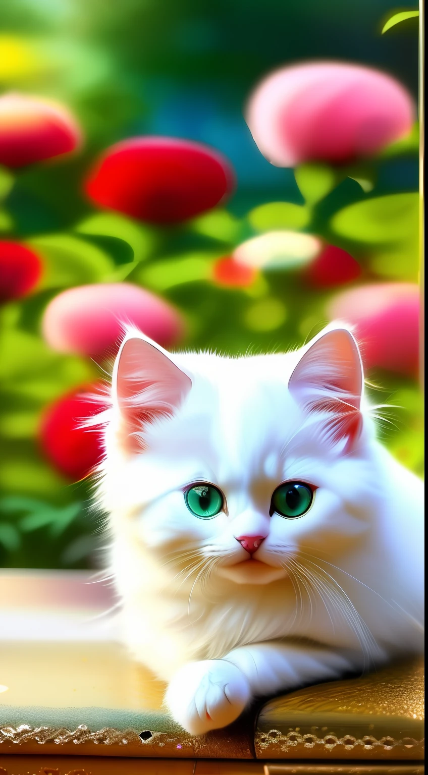 A white-haired kitten, shaggy,sparkle eyes,Jewelry and flowers in the background,ssmile,Funny,Left,Round box,Catstravaganza