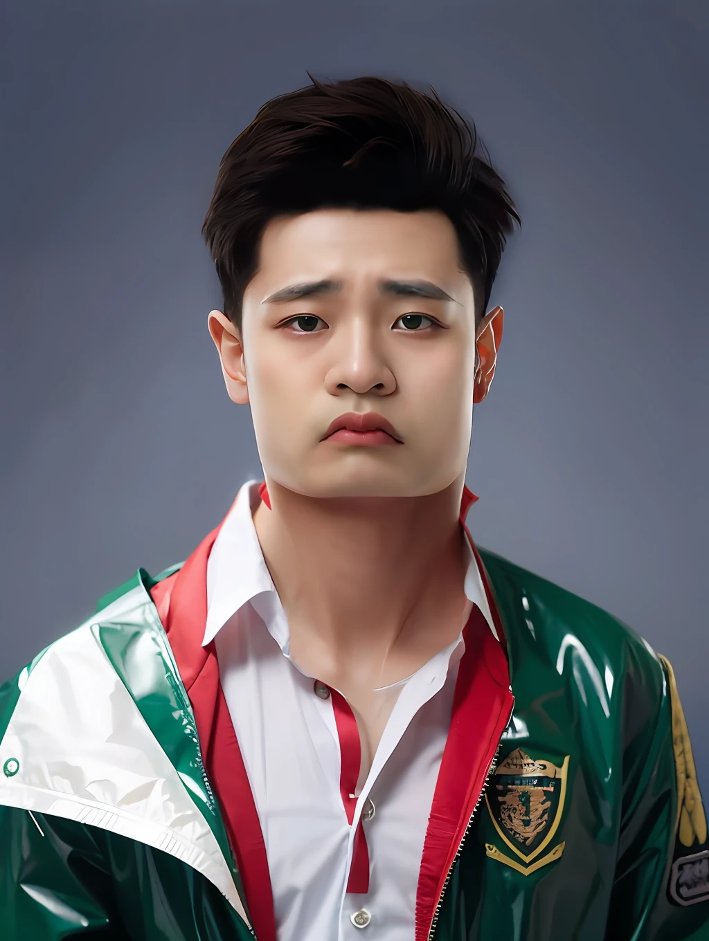 A 16-year-old Chinese male student,Wear a green PVC school uniform