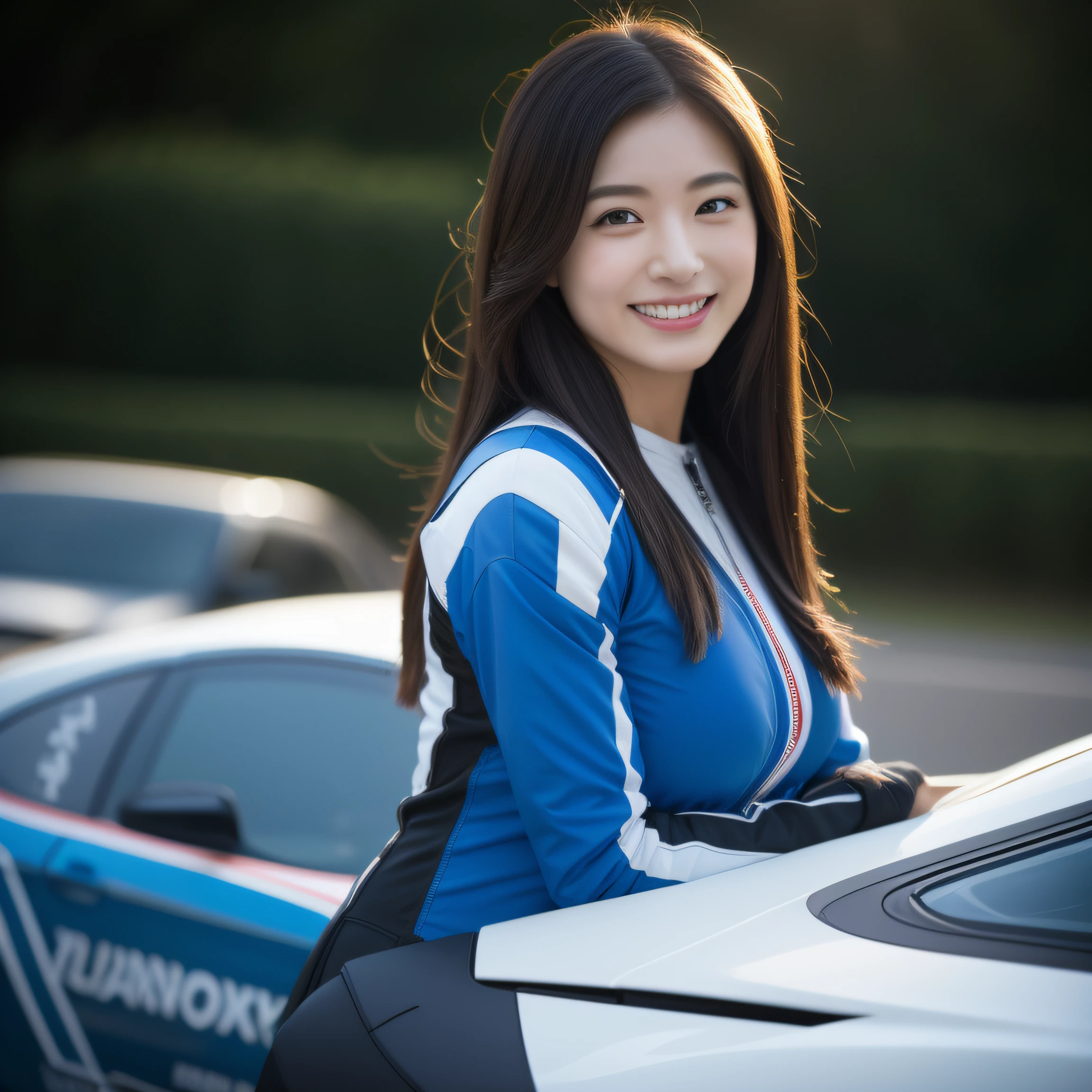 8K, masterpiece, best quality, photo realistic, ultra-detailed, 1 girl, Japanese girls, Korean idol, athletic body, realistic skin texture, long hair, (breasts:1.0), (smile:1.0), gaze at viewer, (form fitting car racing suit), (no helmet), movie lighting, face focus, fine eyes, detailed face, well lit face, day light, racing cars in background