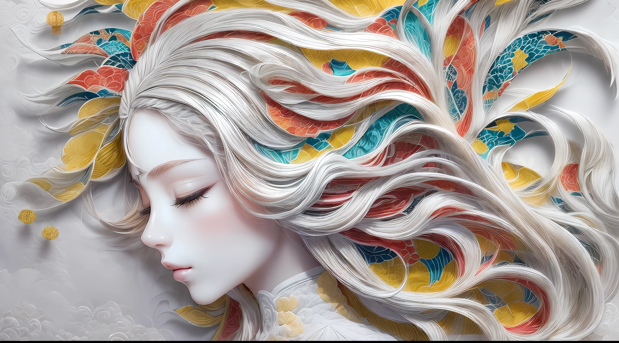 (White background:1.4),(Silhouette of a Girl's Head, eyes closed, colorful long hair, Oriental elements),(Chinese illustration:1.3,paper art:1.3, Quilted paper art:1.2),( reasonable design, Clear lines, High sharpness,best quality, Very detailed, masterpiece, official art, movie lighting effects, 4K )