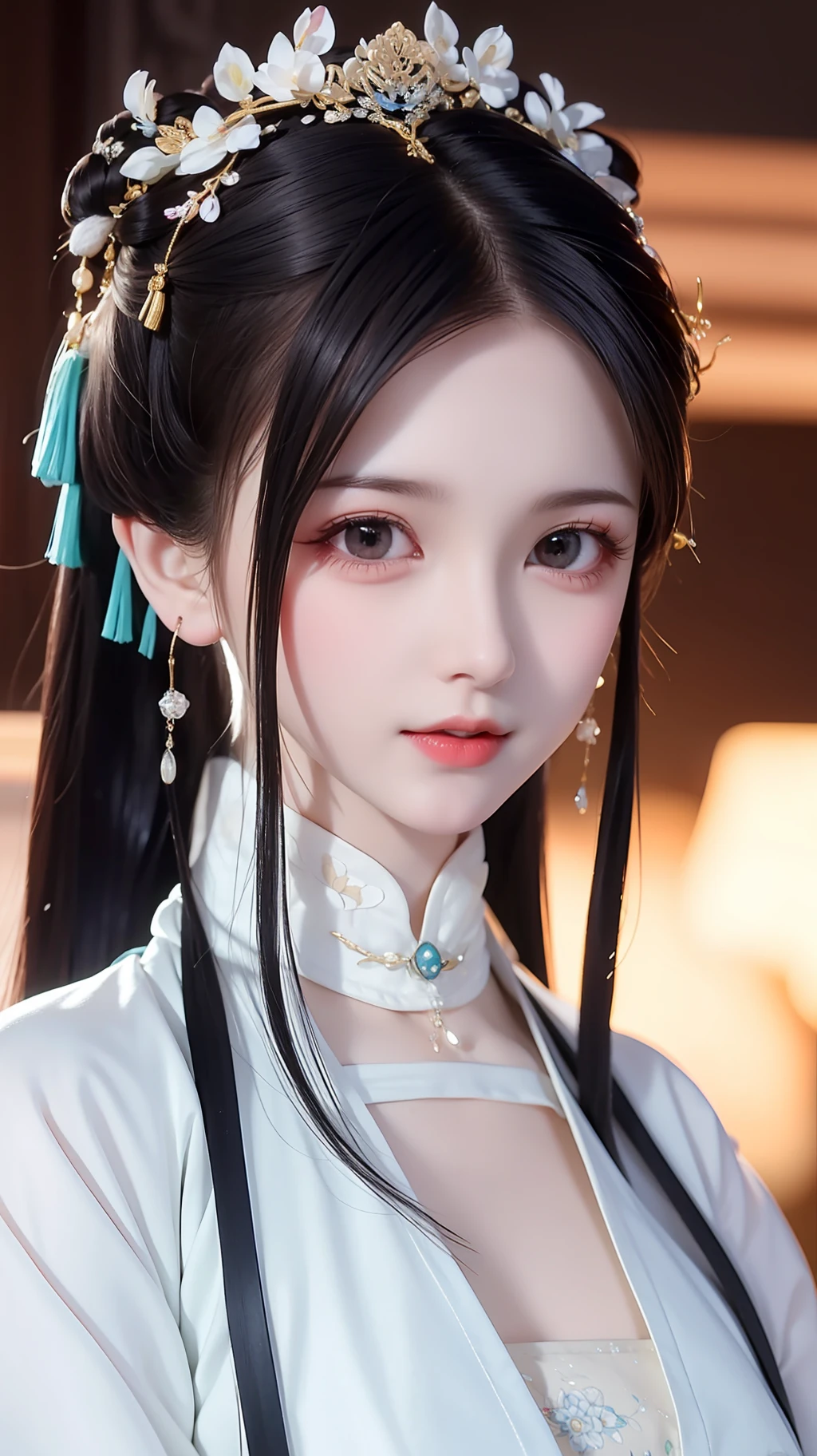 (Daisaku),(Need),(Super meticulous),best qualtiy,tmasterpiece,A high resolution,a beauti,Blushlush,Bright big eyes,Chinese Hanfu,Luxurious tiara,White light gauze hanfu, Xianxia, conservativelydressed,choker necklace,jewelry,beautfully face,A portrait of a lifetime,4K,(beautiful detailed face),(美丽细致的眼睛)k hd,Unbeatable masterpiece(Delicate facial portrayal)(Fine hair depiction)(highest quality)(Master masterpieces)(High degree of completion)(Bust)(a sense of atmosphere)(faeries)