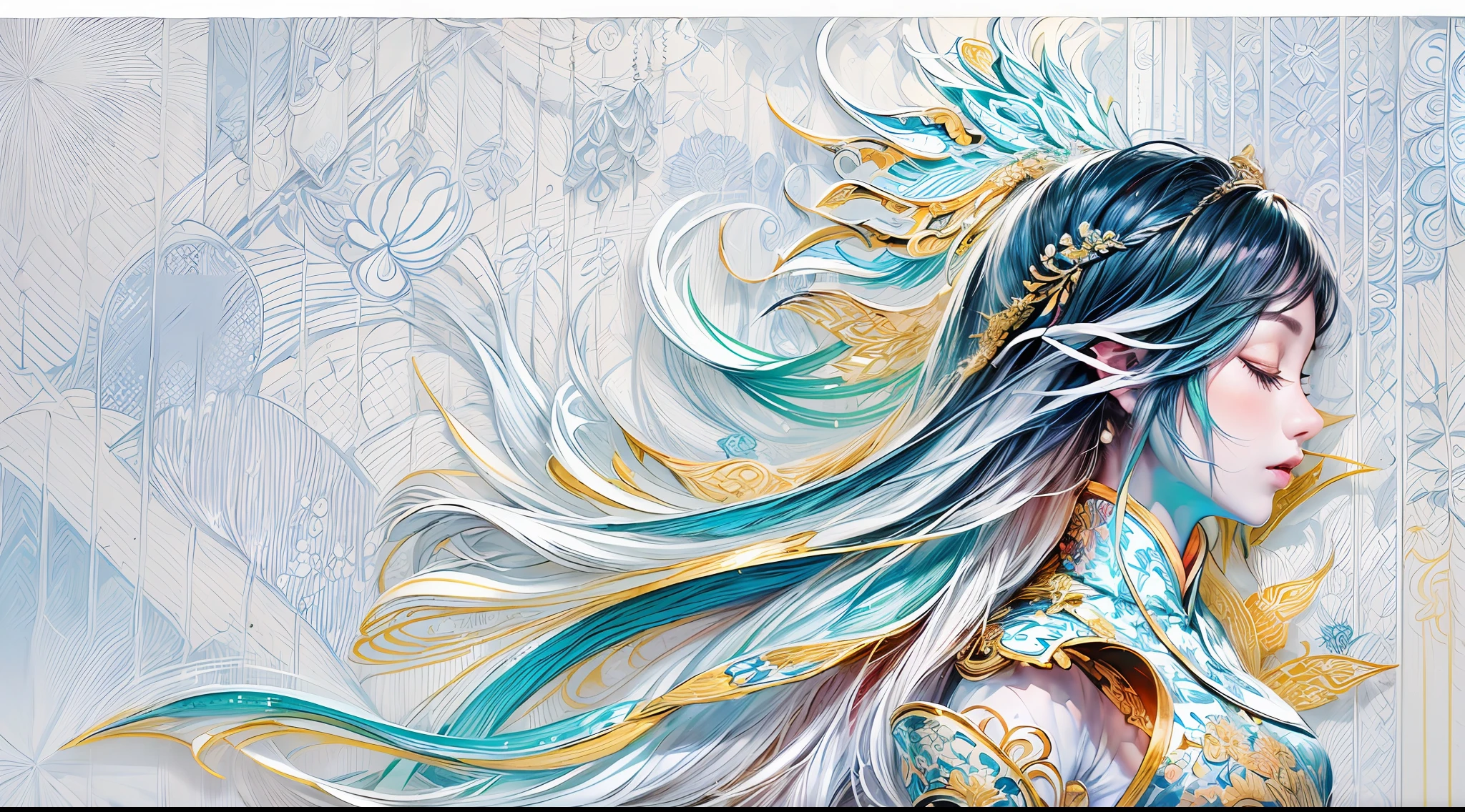 (White background:1.4),(Silhouette of a Girl's Head, eyes closed, colorful long hair, Oriental elements),(Chinese illustration:1.3,paper art:1.3, Quilted paper art:1.2),( reasonable design, Clear lines, High sharpness,best quality, Very detailed, masterpiece, official art, movie lighting effects, 4K )