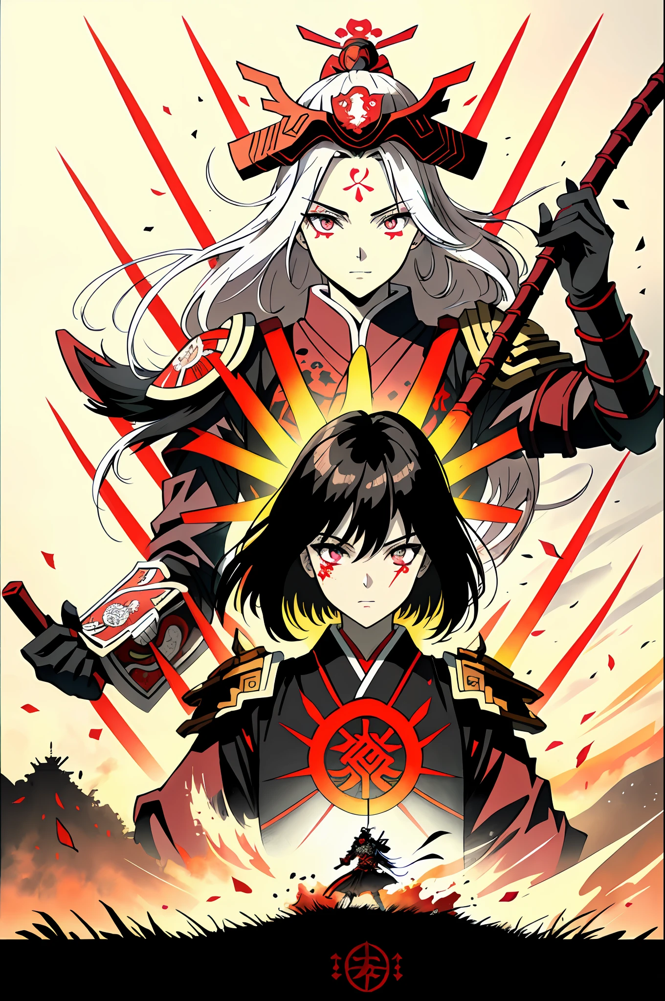 Beautiful anime girl.Medium chest wearing black, red and white samurai armor, On a battlefield, Chinese field in the background, Detailed eyes, Full-body, Monochrome red filter color, Warm light, Bamboo cane, Realistic bamboo, Family crest, Coat of arms of Japan, HD armor, Anime, The art of Peter Morebach, art by Yoji Shinkawa, The face of war, Blood on the face,  Japanese tattoo on the face,