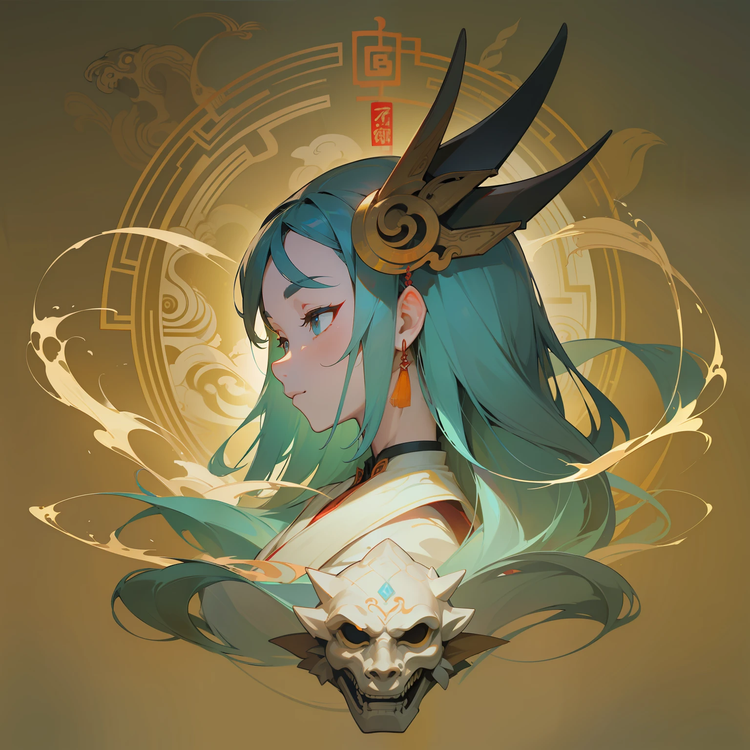 Full face facing to the left side, eastern,Mask with dragons, Ancient Chinese myths and legends,The scene is magnificent,Technologie,There is a lot of machinery,The body part is a mechanical prosthesis,Dunhuang murals,Dunhuang color scheme ,