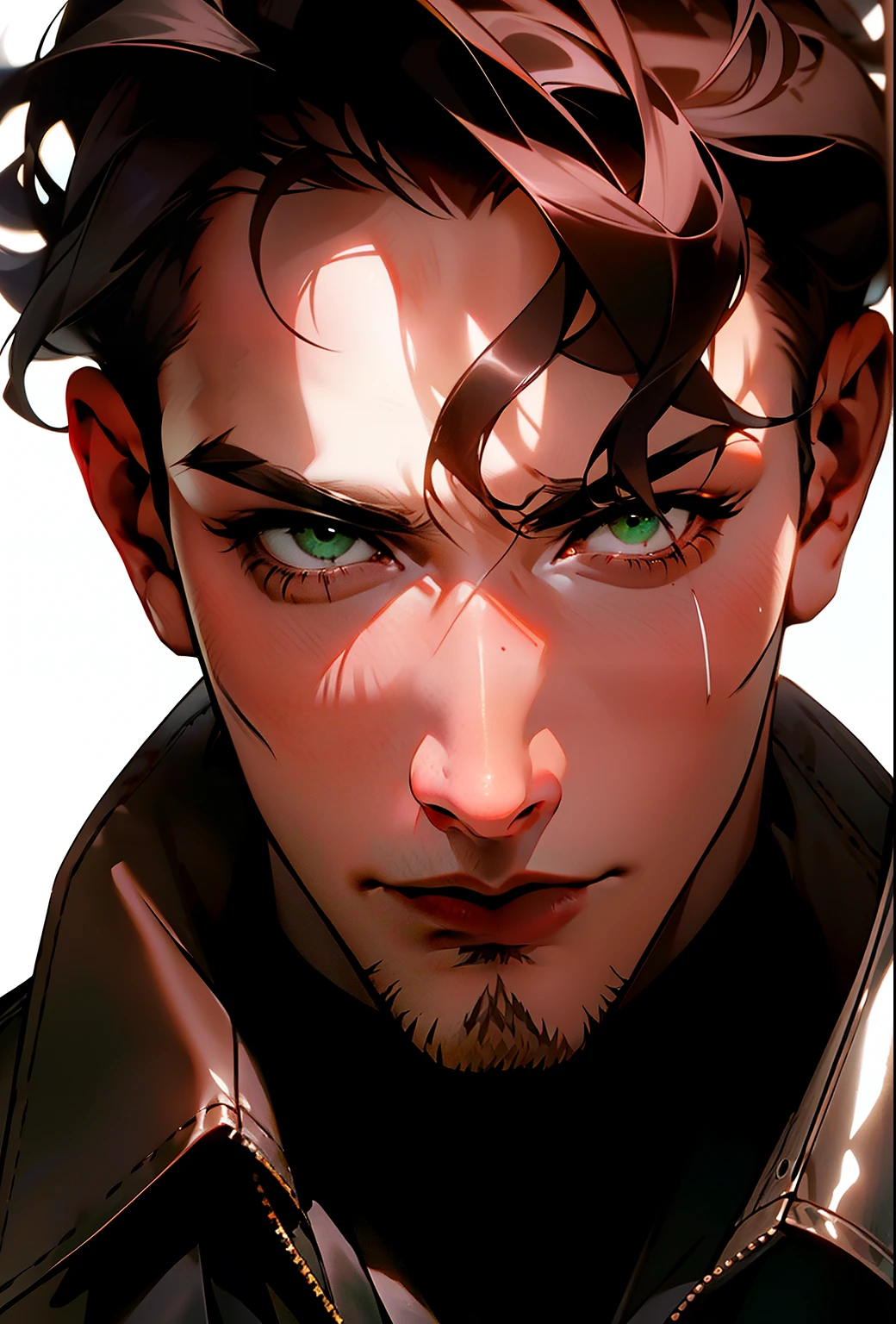 Portrait of a young man's face, Brain Froude, Charles Vess, Yoji Shinkawa, epic composition, ((beatiful face)), curly short hair, pale skin, shaven face, bruises under the eyes, sad expression, ((black coat)), handsome male, Green eyes