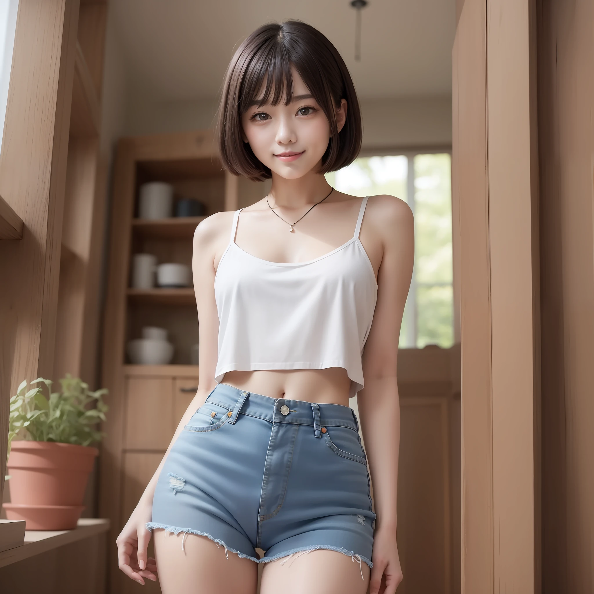 With the best image quality、age girl standing in room。Black Hair Bob Hair、Cute smile with mouth closed.。(tiny chest)、White camisole、Denim panties