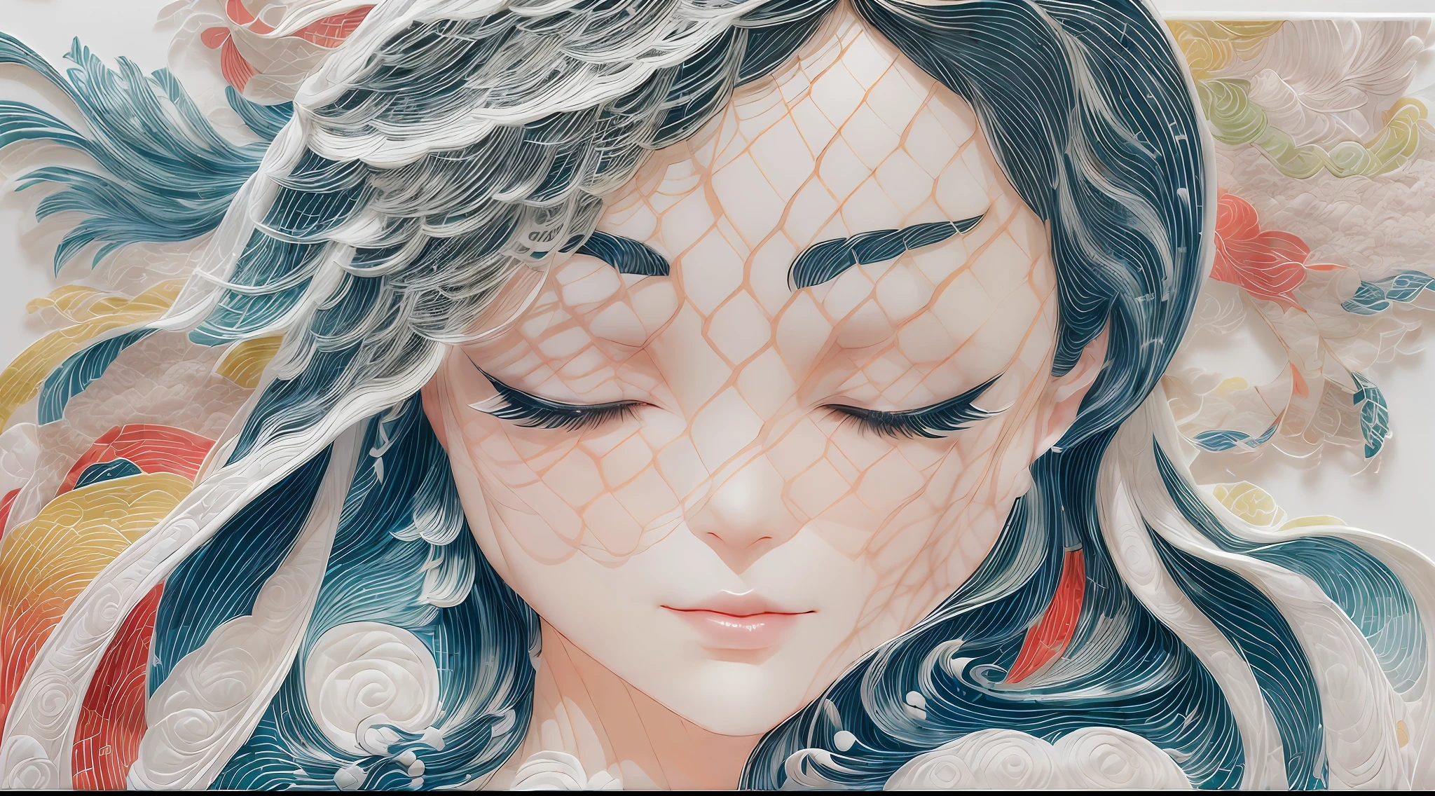 (White background:1.4),(Silhouette of a Girl's Head, eyes closed, colorful long hair, Oriental elements)，(Chinese illustration:1.3，paper art:1.3, Quilted paper art:1.2),( reasonable design, Clear lines, High sharpness,best quality, Very detailed, masterpiece, official art, movie lighting effects, 4K )