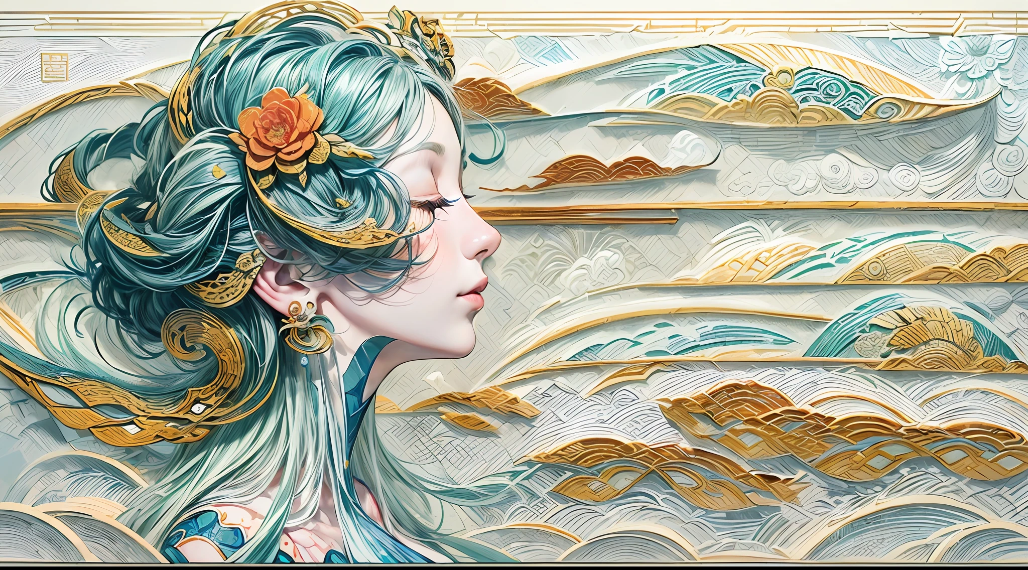 (White background:1.4),(Silhouette of a Girl's Head, eyes closed, colorful long hair, Oriental elements),(Chinese illustration:1.3,paper art:1.3, Quilted paper art:1.2),( reasonable design, Clear lines, High sharpness,best quality, Very detailed, masterpiece, official art, movie lighting effects, 4K )