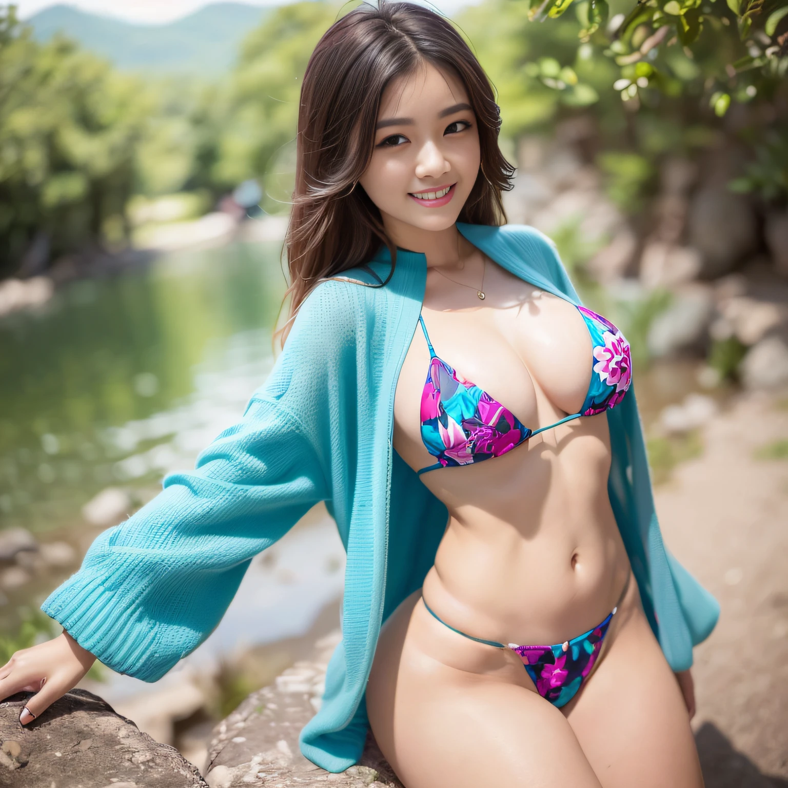 ((maximum quality、8k、masterpiece:1.3))、Beautiful woman with perfect body shape:1.4、(big chest:1.2)、very detailed face and skin texture、detailed eye、Beautiful natural scenery、Micro Bikini、shortcut、College Girl、wide hips、1girl、cinematic、full body、goddess of Japan、Smileing、Hip wriggling pose