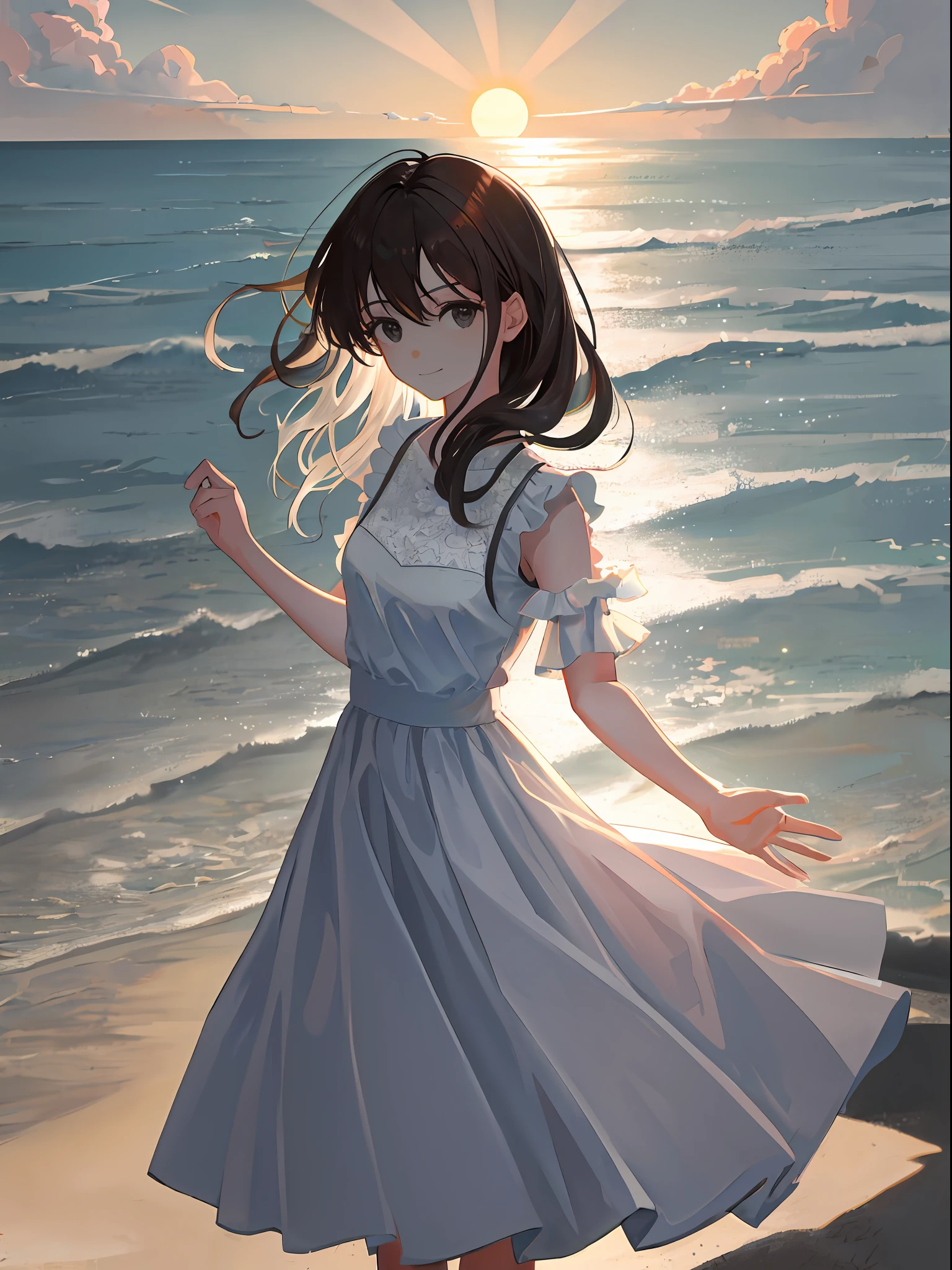 1girll，Black and white，Light comparison，brunette color hair，white dresses，Slight smile，Black eyes，beautiful detailed sky，The sun goes down，By the beach，looking at viewert，Arm occlusion，Put your hands behind you