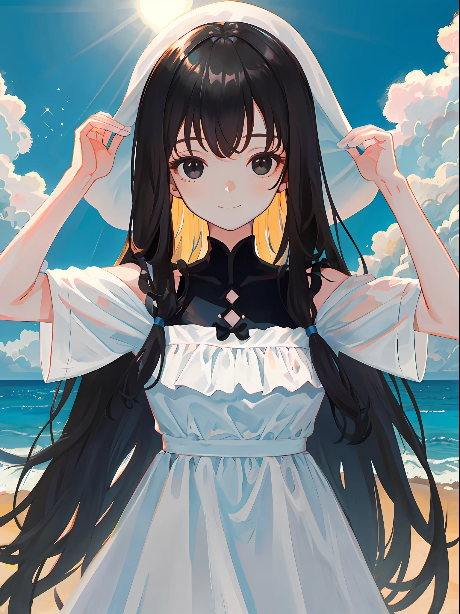 1girll,Black and white,Light comparison,brunette color hair,white dresses,Slight smile,Black eyes,beautiful detailed sky,The sun goes down,By the beach,looking at viewert,Arm occlusion,Put your hands behind you