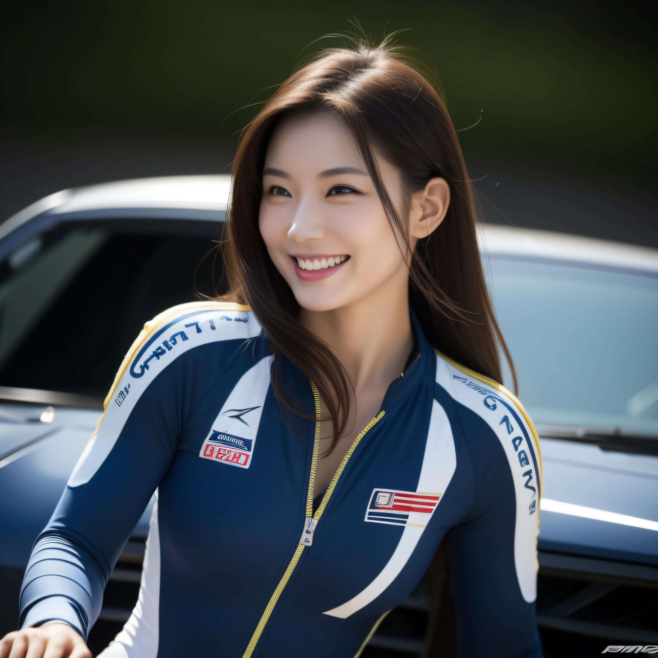 8K, masterpiece, best quality, photo realistic, ultra-detailed, 1 girl, Asian, athletic body, realistic skin texture, long hair, (breasts:1.0), (smile:1.0), gaze at viewer, (form fitting car racing suit), (no helmet), movie lighting, face focus, fine eyes, detailed face, well lit face, day light, racing cars in background