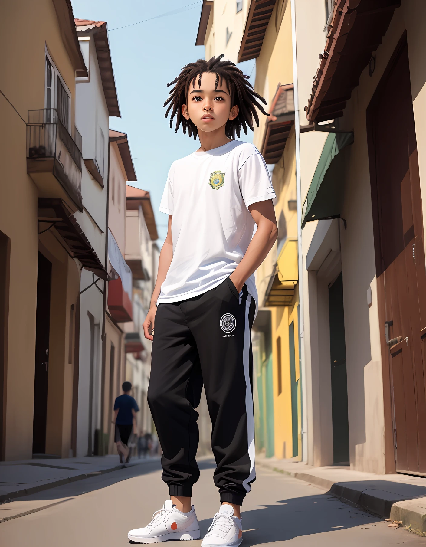 (obra-prima),(alta qualidade), 1boy,Mini avatar,cabelo dreadloocks,olhando pro espectador,standingn,Brazilian scenario,jogger pants,white sneakers,