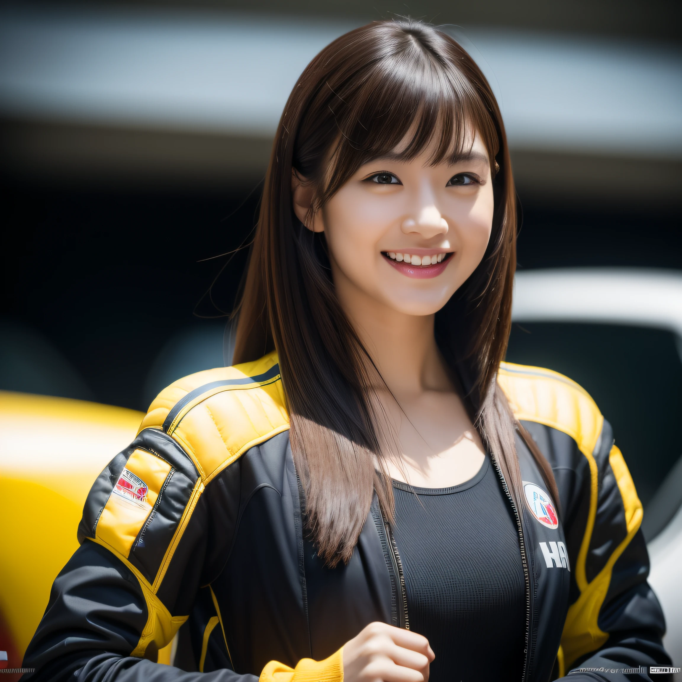 8K, masterpiece, best quality, photo realistic, ultra-detailed, 1 girl, Asian, athletic body, realistic skin texture, long hair, (breasts:1.0), (smile:1.0), gaze at viewer, (form fitting car racing suit), (no helmet), movie lighting, face focus, fine eyes, detailed face, well lit face, day light, yellow and red racing cars in background