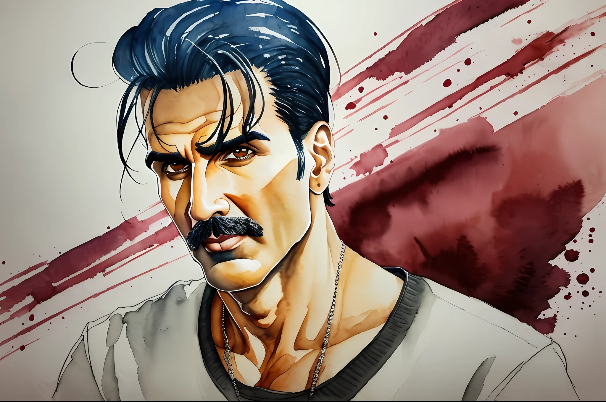 Akshay Kumar, Watercolor with ink pen outline --auto --s2