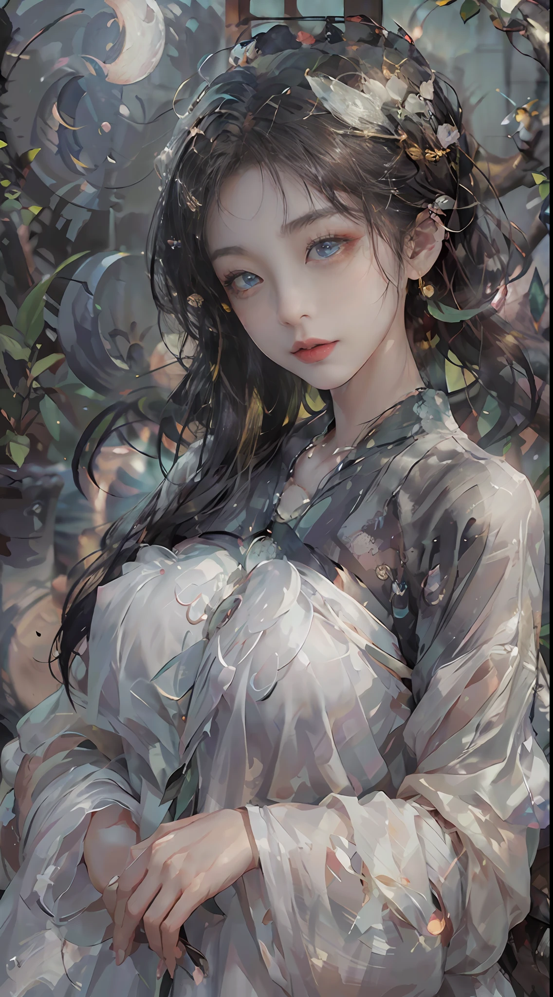 a 20-year-old woman, a girl Chinese fairy, gloom face, beautiful Chinese fairy tale face, beautiful face without flaws, slender body, fair skin, thin and beautiful lips, soft smile, keep your mouth shut again, (The scene of the moonlight is magical:1.8), the full moon shines, moonlight, 1 moon, (luxury Chinese town:1.2), Chinese-style bun hair, shiny black hair, flying hair, long hair, blue eyes sad gaze, twinkle eyes, big round eyes and very nice and detailed makeup , holy woman body, breasts round, big and round breasts, a beautiful face in detail and well-proportioned eyes, meticulous makeup, drooping arms, Realistic and vivid images, stars that make up the sky, sexy body, most beautiful eyes, picture perfect eyes, beautiful saint and flowers, jewelry, beautiful face, upper body, hanfu, high resolution, best quality, best photo, 8k quality, 8k ultra, surreal, best real life photo, hdr, high skin detail, Bokeh, Smooth and sharp, 10x pixel increase, fictional art, 8k CGI, realistic, medium shot, (upper body), (white hanfu:1.8), by Mappa, five finger,