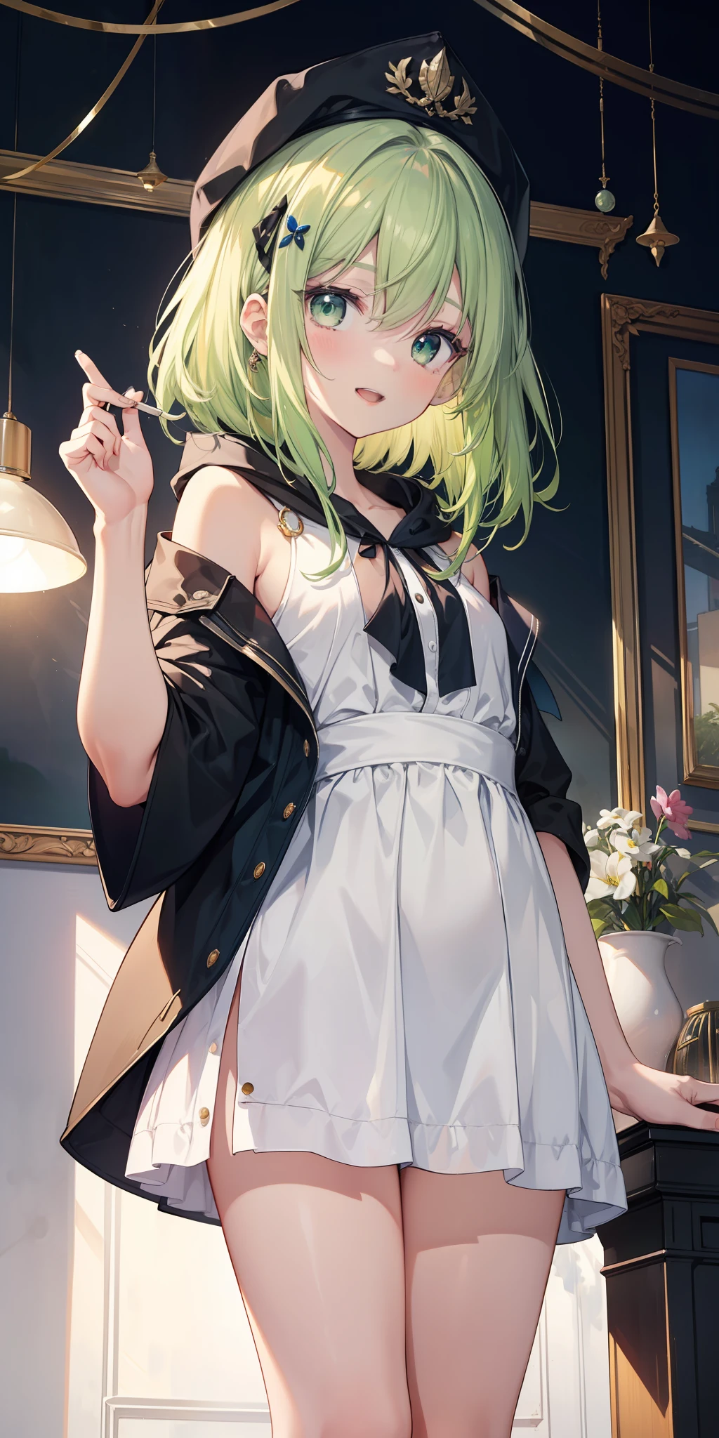 ((best quality)), ((master piece)), (Circumstantial), anime style, 1girl best quality, portrait, ultra detailed, gorgeous face, perfect anatomy, tan skin, black, giant hair, perfect hair, bangs, (hair between the eyes), (hair accessories), perfect light green eyes, eye detail, happy expression, lips, open mouth, smiling, teeth, Coolane Drop Shoulder Hood Super Crop No Camisole Drawstring, arms, Hands, five fingers on hand, thick legs, big thigh, possession, background scenery, studio, white wall, lighting, lamp, camera equipment, objects in the background, details in the environment, looking at the viewer