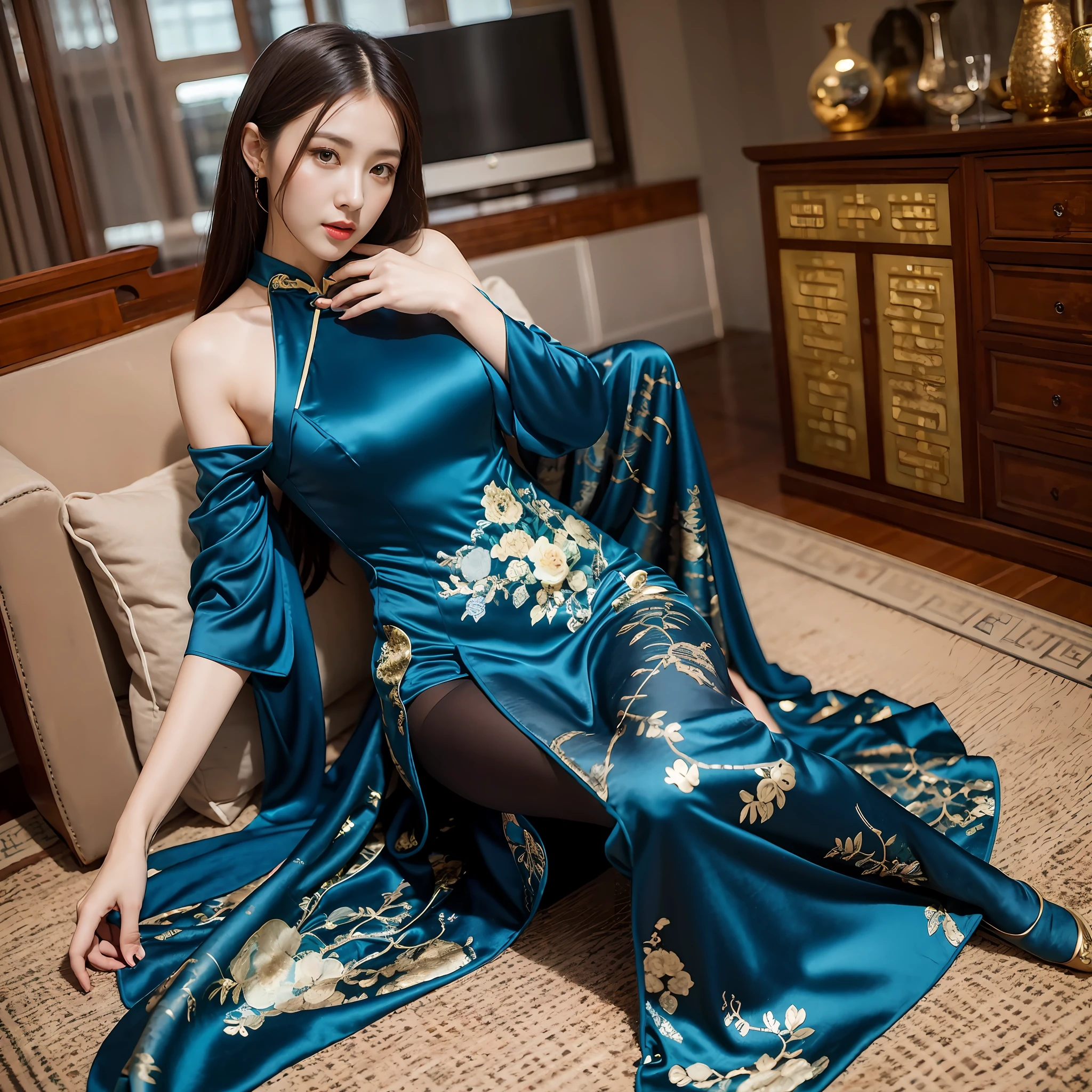 Alafi woman in blue dress posing in living room, sexy dress, Cheongsam, Chinese dress, gorgeous woman, sexy gown, full-body xianxia, wearing a blue qipao dress, gold brocaded dark blue clothes, dark blue leotard costume, luxury dress, gorgeous chinese model, Chinese style, Elegant dress, beautiful Korean women