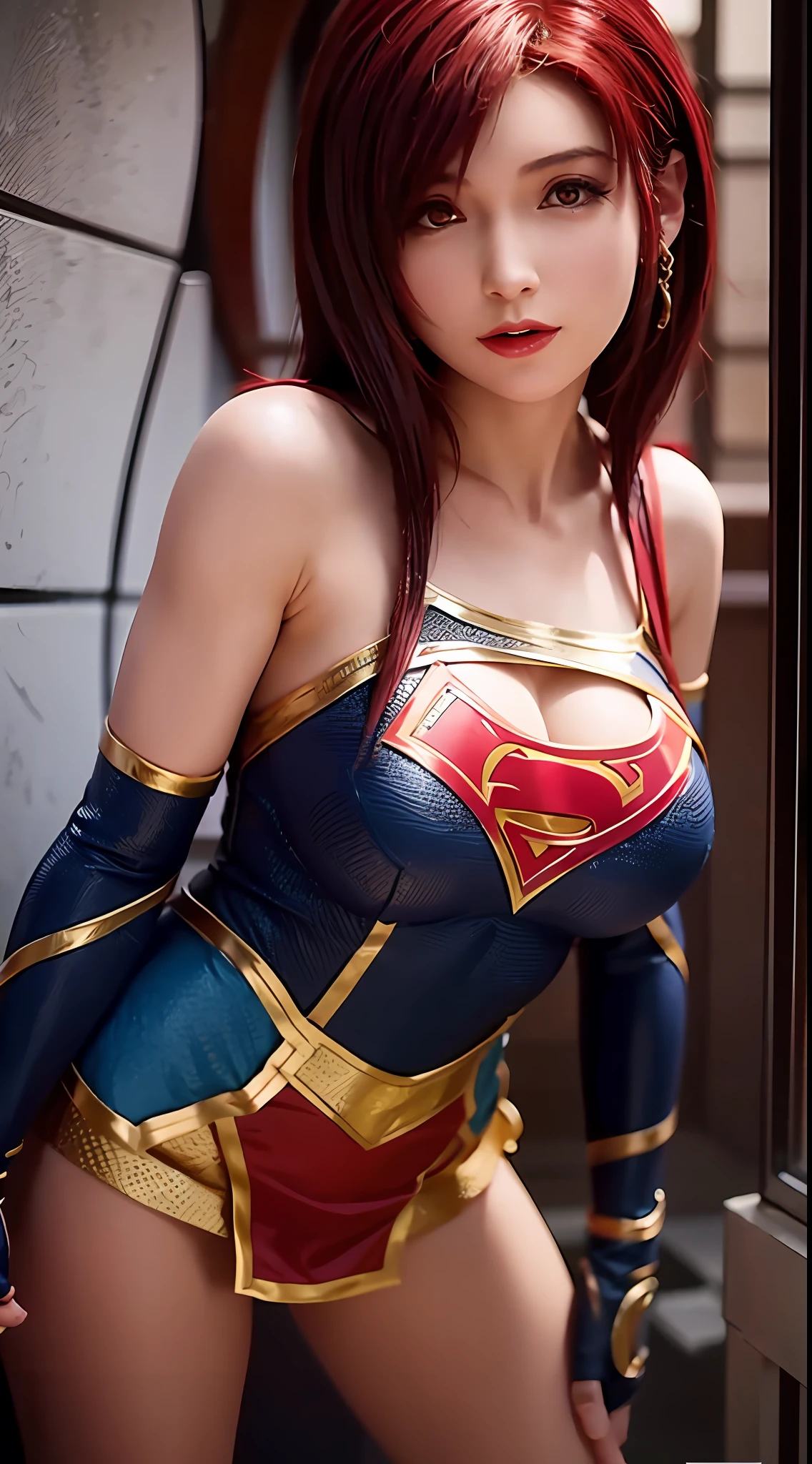 8K,超高分辨率,1girll, Solo ,She's Supergirl,Woman body set big breasts,Supergirl costume dress,Strong muscles,red tinted hair,