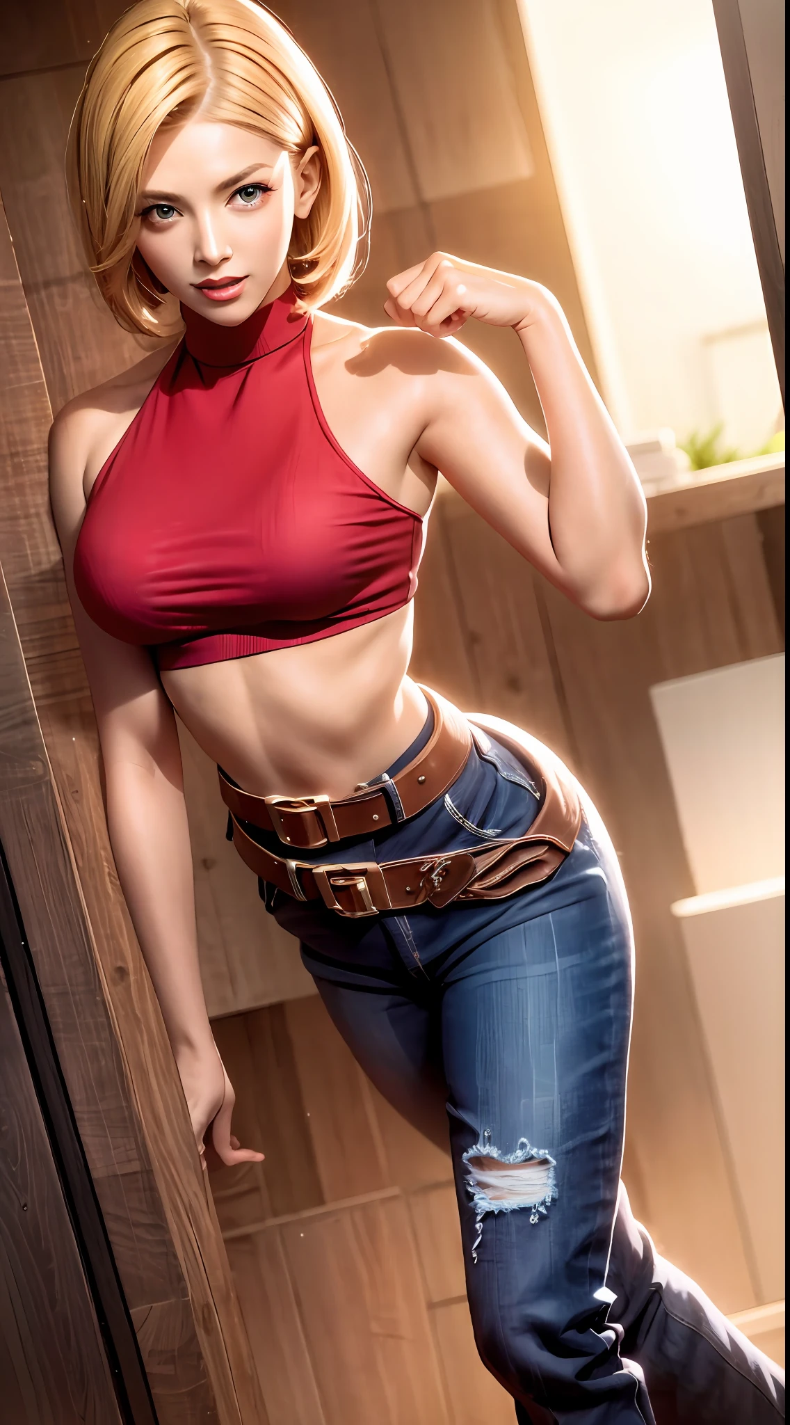 Blue Mary cosplay, melhor qualidade, (beleza), rosto garota 20 anos, rosto bonito, obra-prima, cropped vermelho, blusa vermelha, jeans with brown belt,  Physics-based rendering, ultra highres, cintura estreita, magro, olhos grandes, pernas longas, (seios pequenos), olhos inchados, noite, (cidade chuvosa), pele brilhante , de frente para o espectador, firm expression, realista, mulher, sexy,