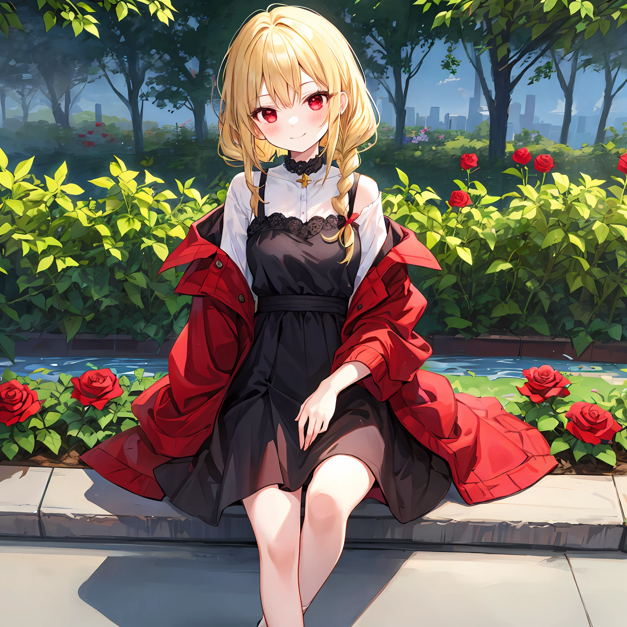 Wavy blonde girl、red eyes、独奏、red blush、doress、off shoulders、rose garden、sitting on、Foot braids、lonely、a little bit smile