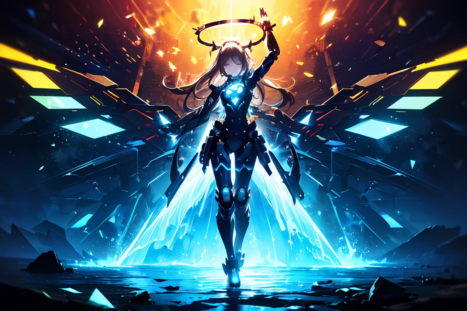 top quality, master masterpiece, absurdres, Highly detailed 8K wallpapers, BREAK, (High Contrast RGB Effects, Rainbow Color Mechanical Wings), BREAK, (High Contrast RGB Effects, LED Effects, Kaleidoscope effect, Shining Effect, Glitter RGB effect), (Ripple Effect:1.2), BREAK, Beautiful Mechanical Girl, (perfect fingers, 4fingers and 1thumb), techpunkmask, (dynamic angle:1.3), (Close your eyes:1.1), BREAK, (mechanical joint, Mechanical limbs and fingers, Exoskeleton spine and coccyx:1.2), (Mechanical halo), full body, Fantastic starry sky, (symmetry), outstretched_arms,