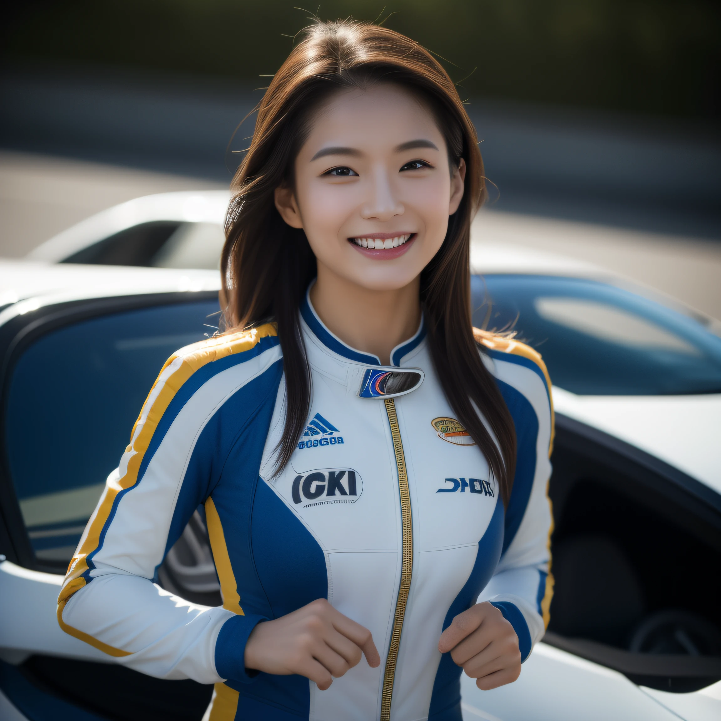 8K, masterpiece, best quality, photo realistic, ultra-detailed, 1 girl, Asian, athletic body, realistic skin texture, long hair, (breasts:1.0), (smile:1.0), gaze at viewer, (form fitting car racing suit), (no helmet), movie lighting, face focus, fine eyes, detailed face, well lit face, day light, different color racing cars in background