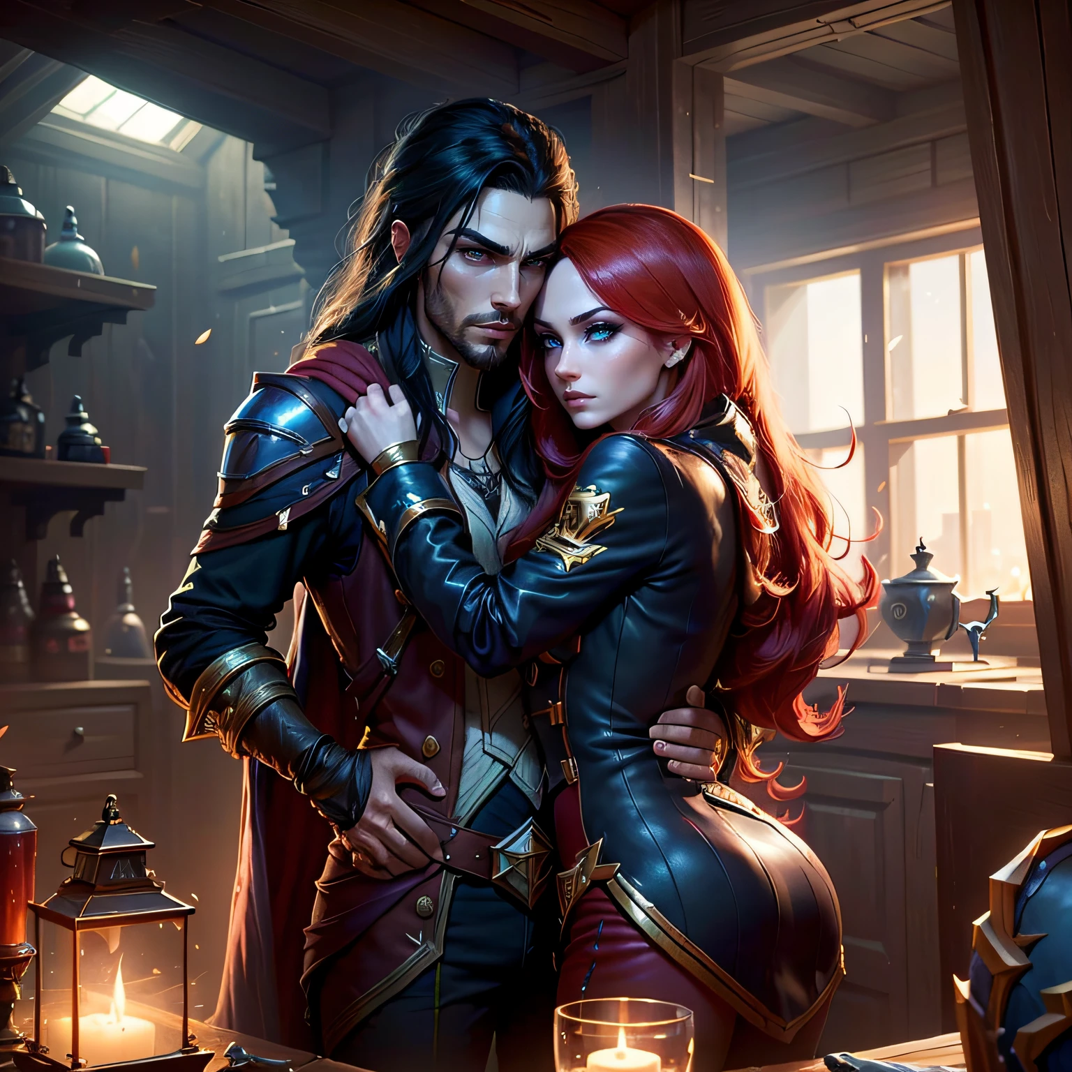 (Highest image quality) (Detailed eye description) (((sylas and miss fortune))), hugging, ship deck, 1girl, 1boy, (((league of legends))), moody lighting