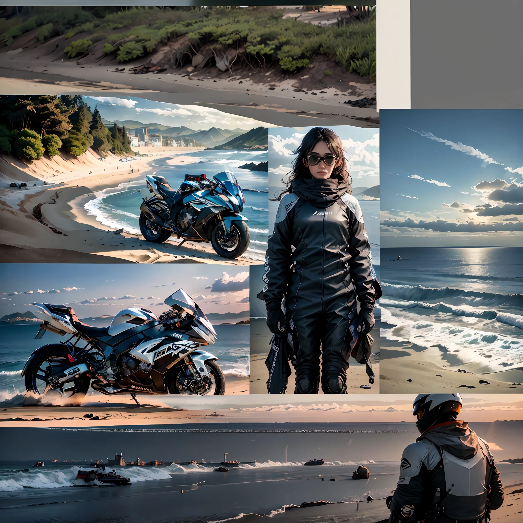 the motorcycle,Beach by the sea in the background,There is sun shine,There are waves ,Advancedsense